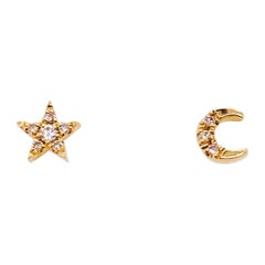 Diamond Star and Crescent Moon Stud Earrings in 14 Karat Yellow Gold