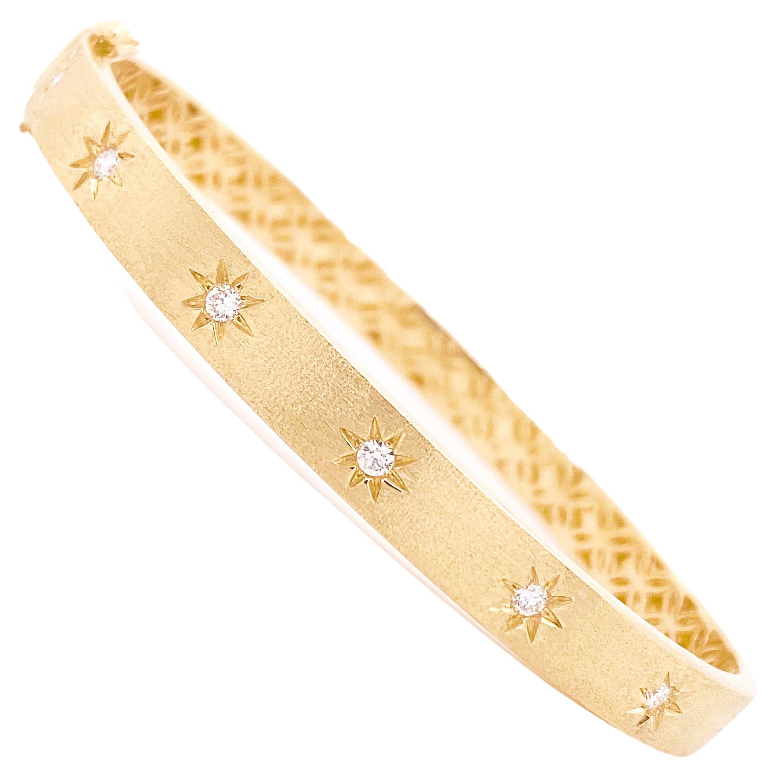 Diamond Star Bracelet, Yellow Gold, Flush Set Diamond Bangle with Satin Finish For Sale