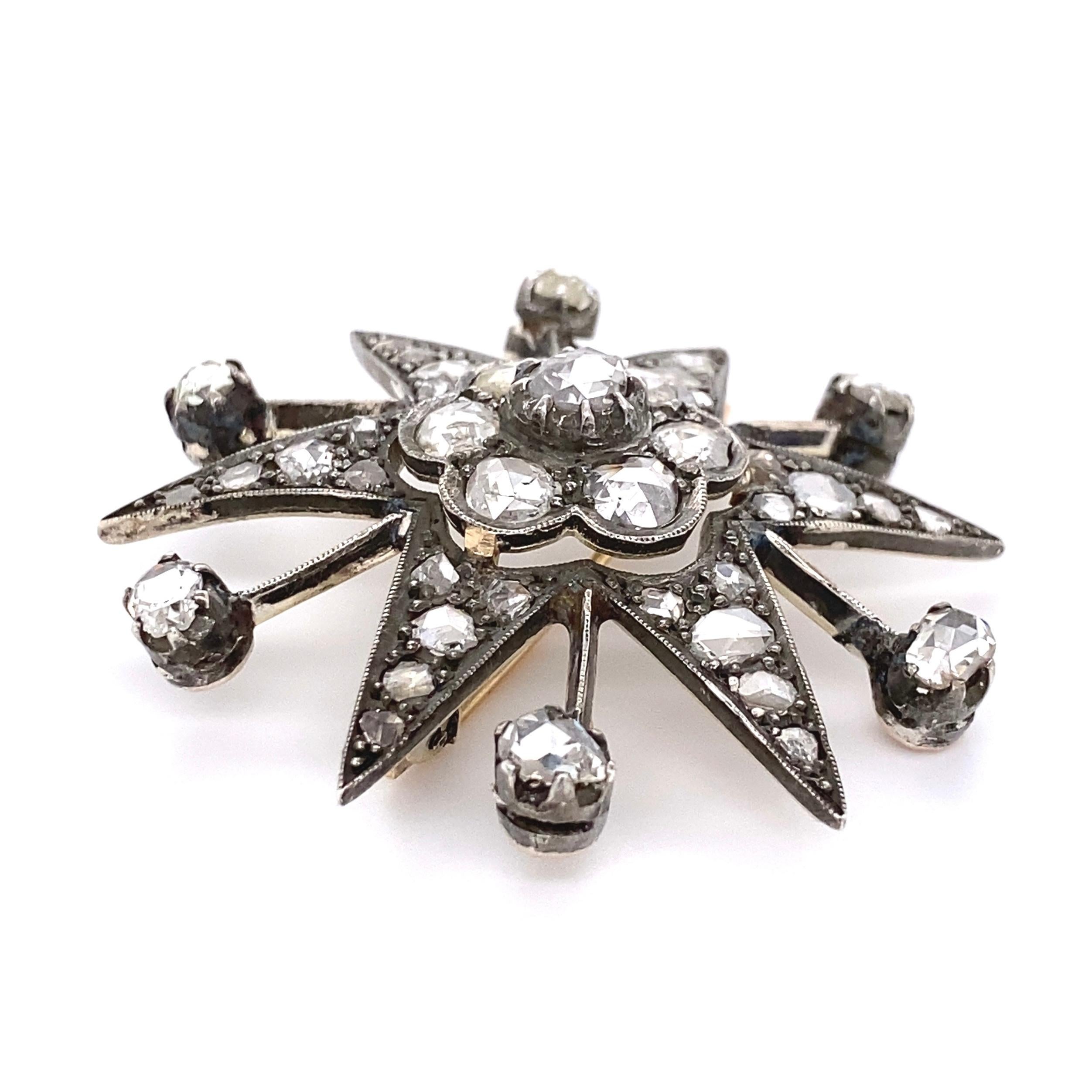 Beautiful Antique Heirloom Diamond Star Brooch Pendant. Beautifully hand crafted in Silver on Gold. Hand set with 43 Old European Cut Diamonds, approx. 4.50tcw. Measuring approx. 1.81” wide x 0.56” deep. A great acquisition for lovers of quality