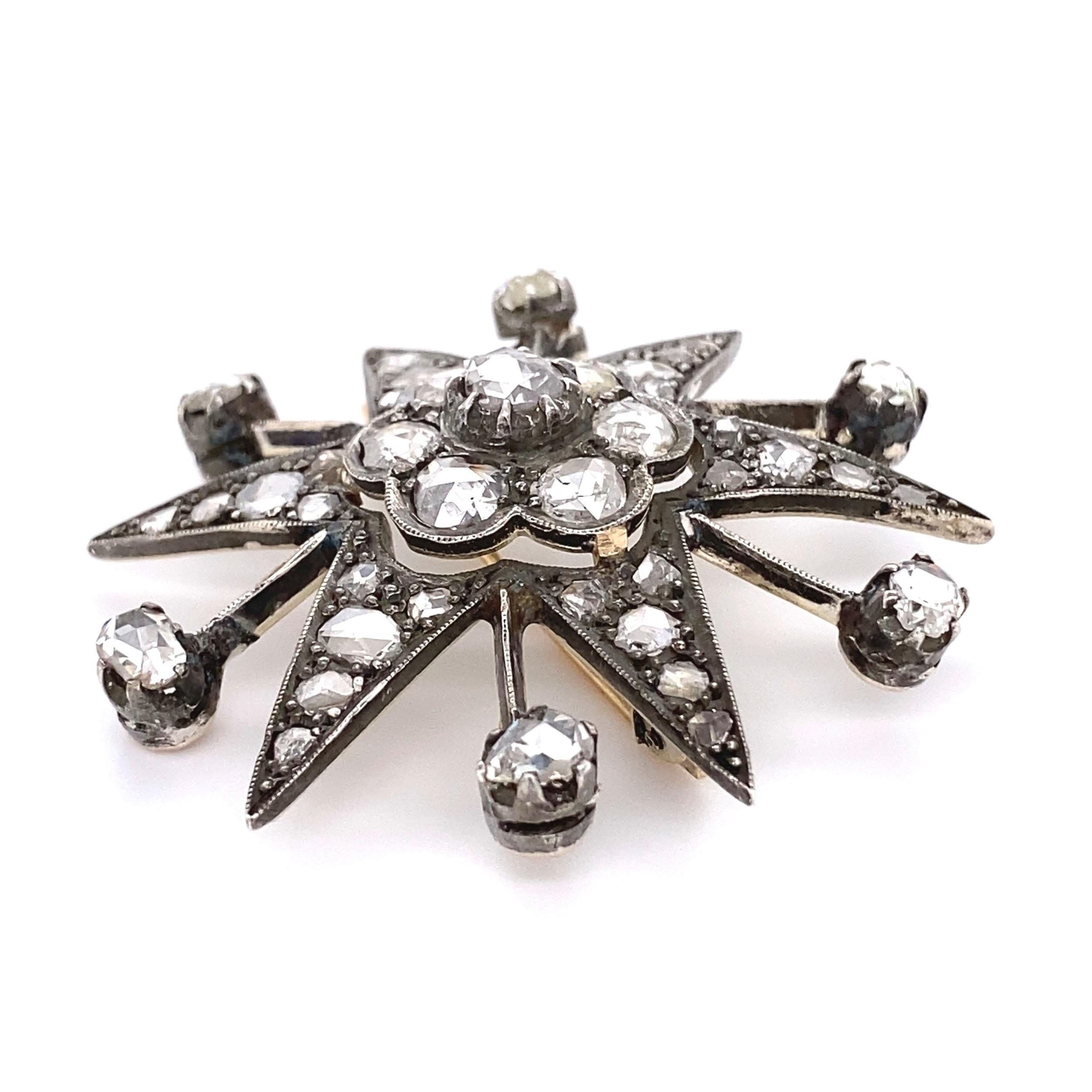 Taille vieille Europe Pendentif broche étoile en argent sterling sur or Estate Fine Jewelry avec diamant en vente