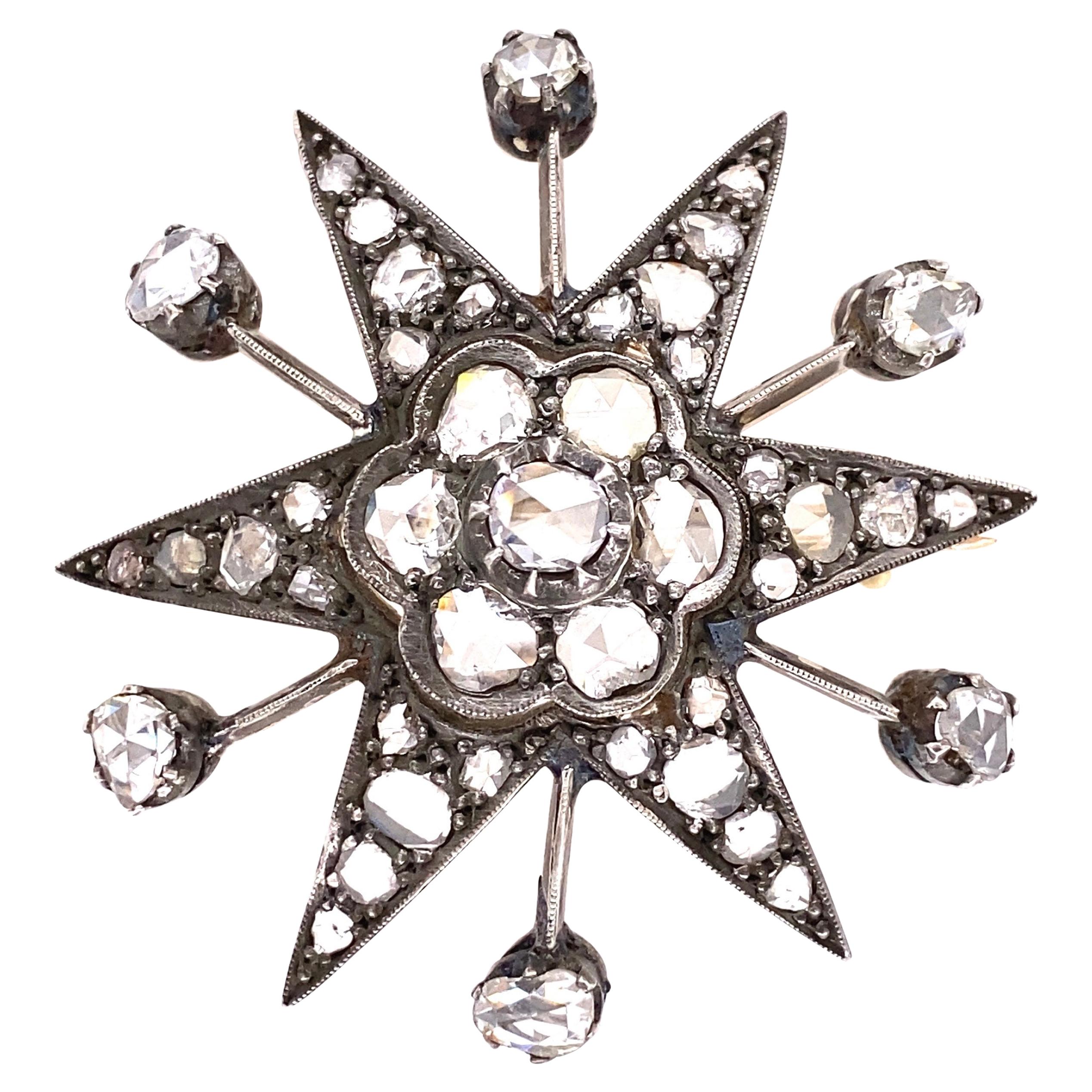 Diamond Star Brooch Pendant Sterling Silver on Gold Estate Fine Jewelry