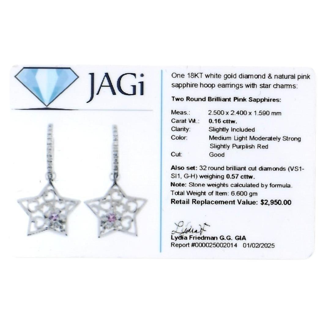 Diamond Star Charm Hoop Earrings with Pink Sapphires in 18 Karat White Gold For Sale 4