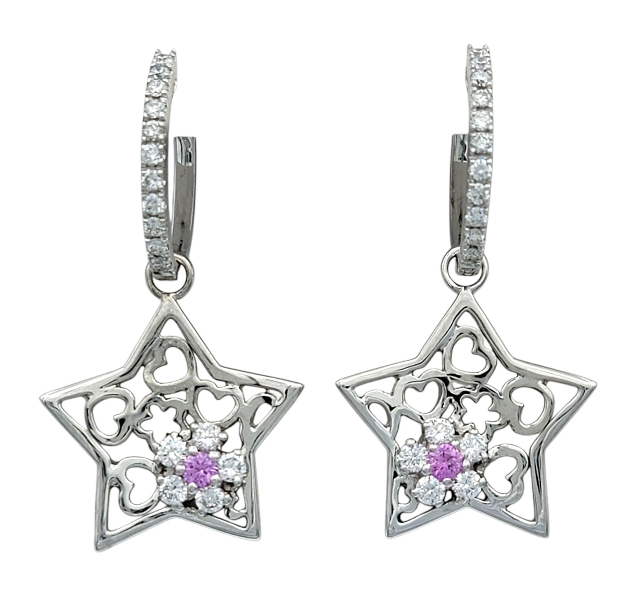 Contemporary Diamond Star Charm Hoop Earrings with Pink Sapphires in 18 Karat White Gold For Sale