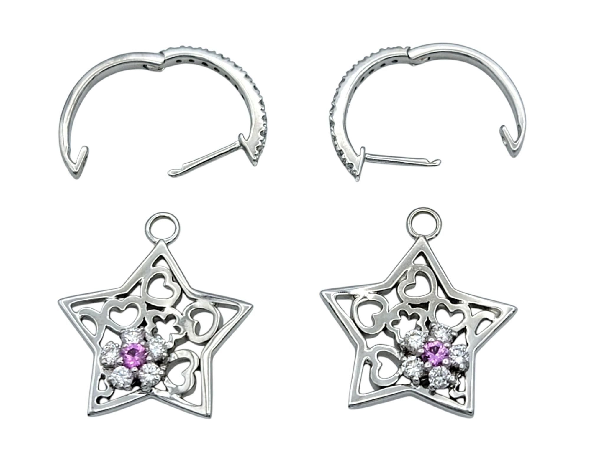 Round Cut Diamond Star Charm Hoop Earrings with Pink Sapphires in 18 Karat White Gold For Sale
