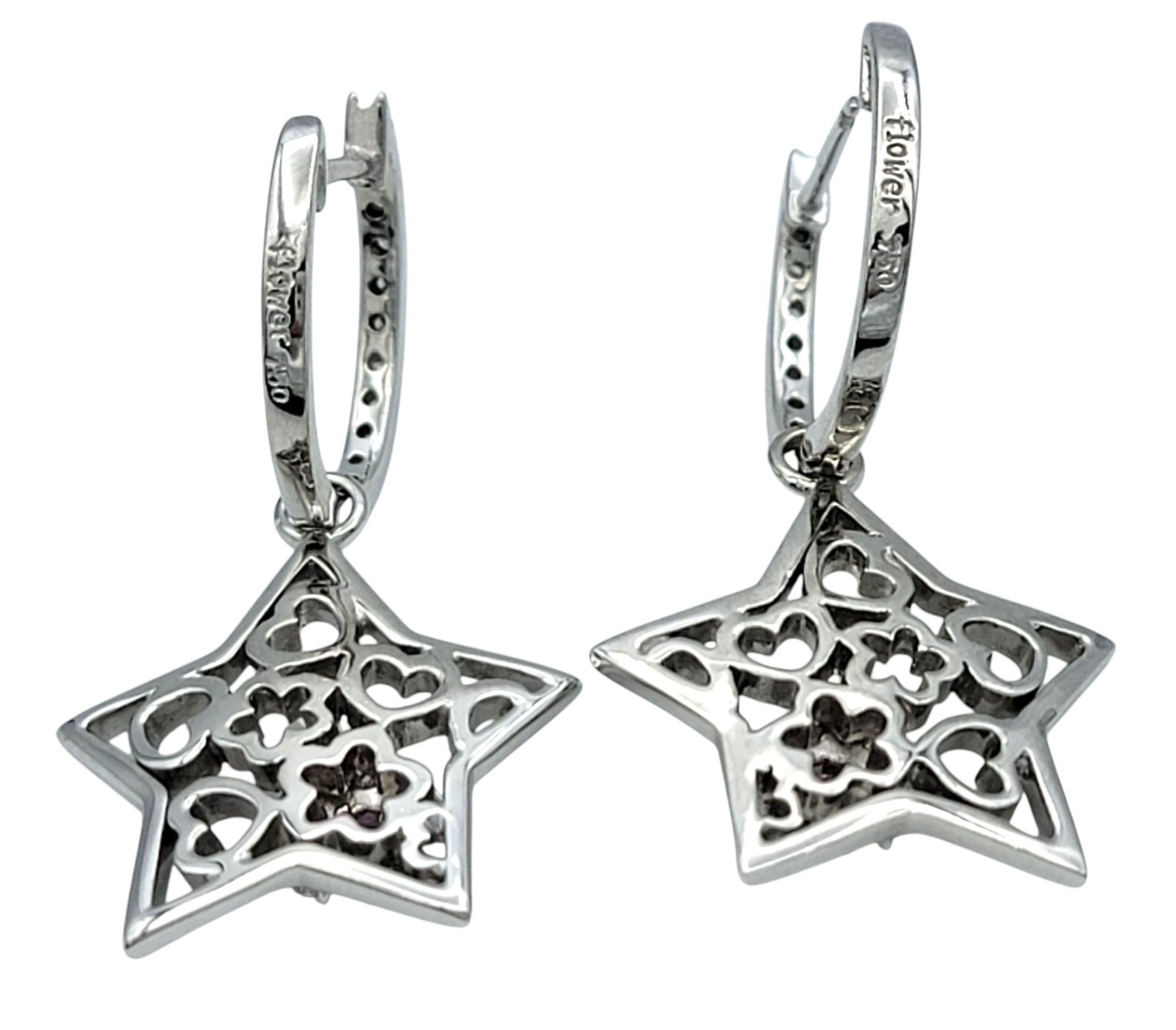 Diamond Star Charm Hoop Earrings with Pink Sapphires in 18 Karat White Gold In Good Condition For Sale In Scottsdale, AZ