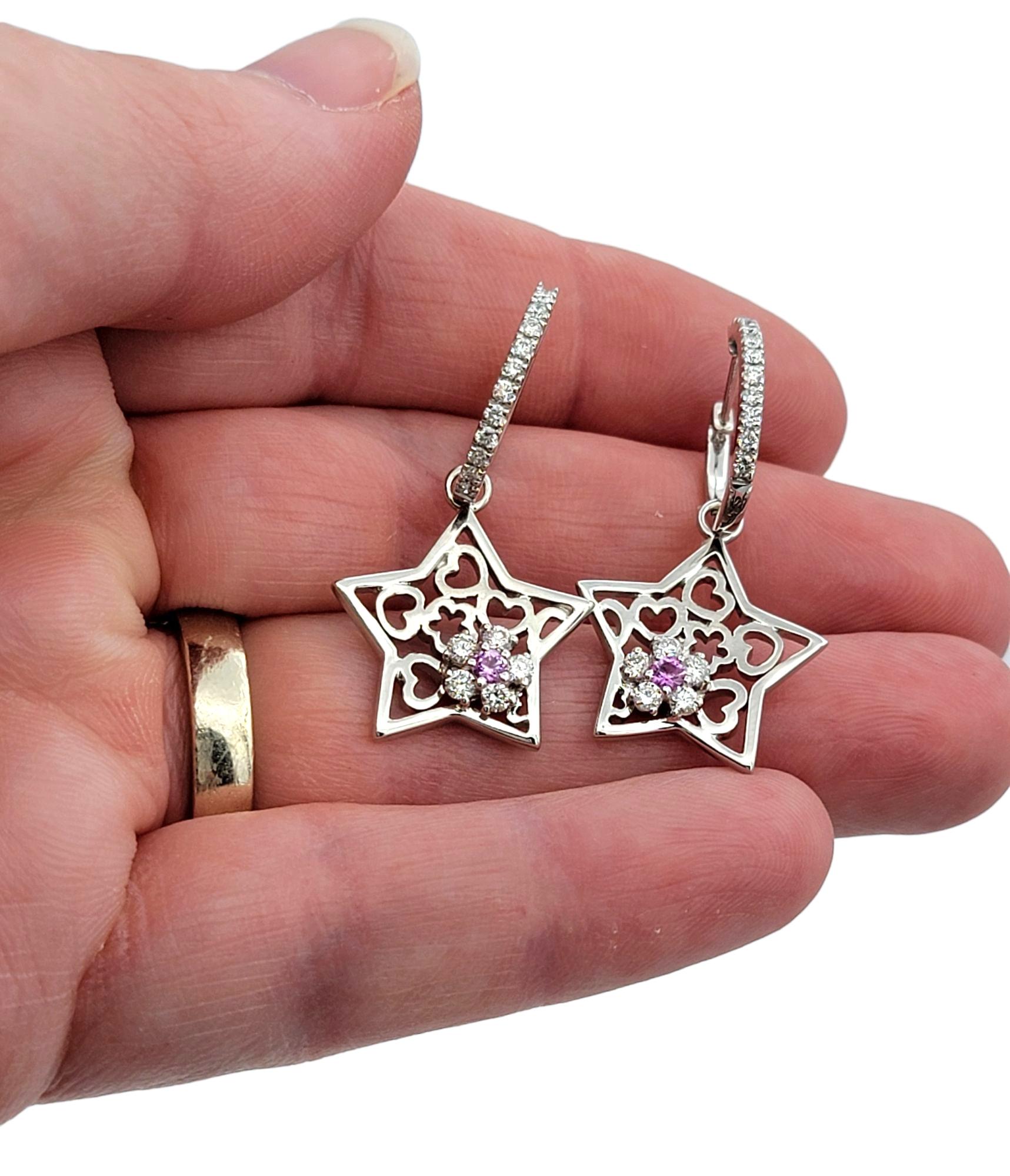 Diamond Star Charm Hoop Earrings with Pink Sapphires in 18 Karat White Gold For Sale 1