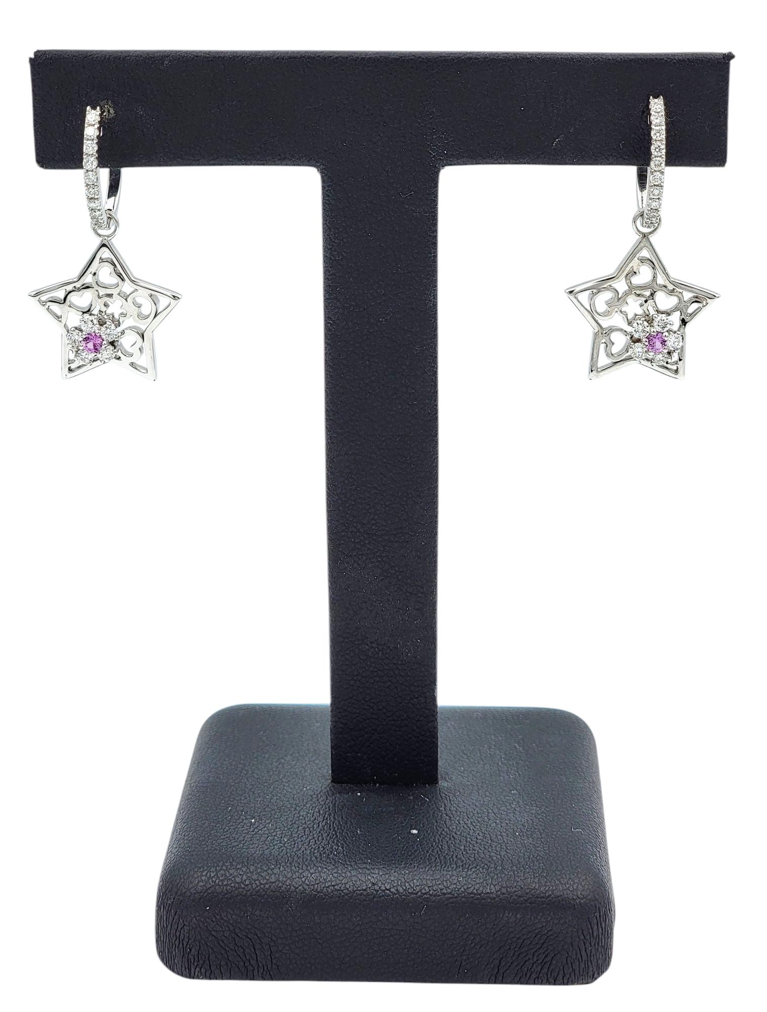 Diamond Star Charm Hoop Earrings with Pink Sapphires in 18 Karat White Gold For Sale 2