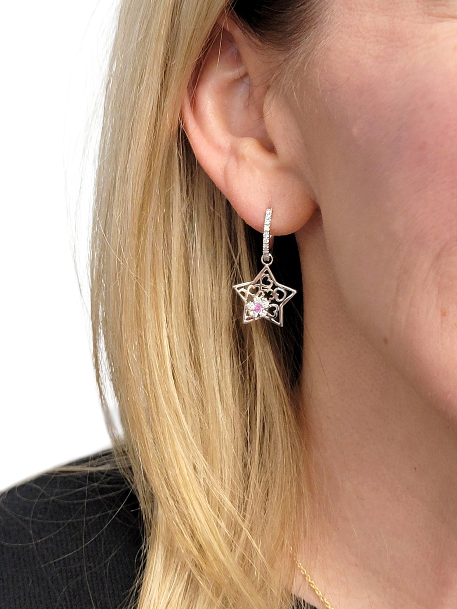 Diamond Star Charm Hoop Earrings with Pink Sapphires in 18 Karat White Gold For Sale 3