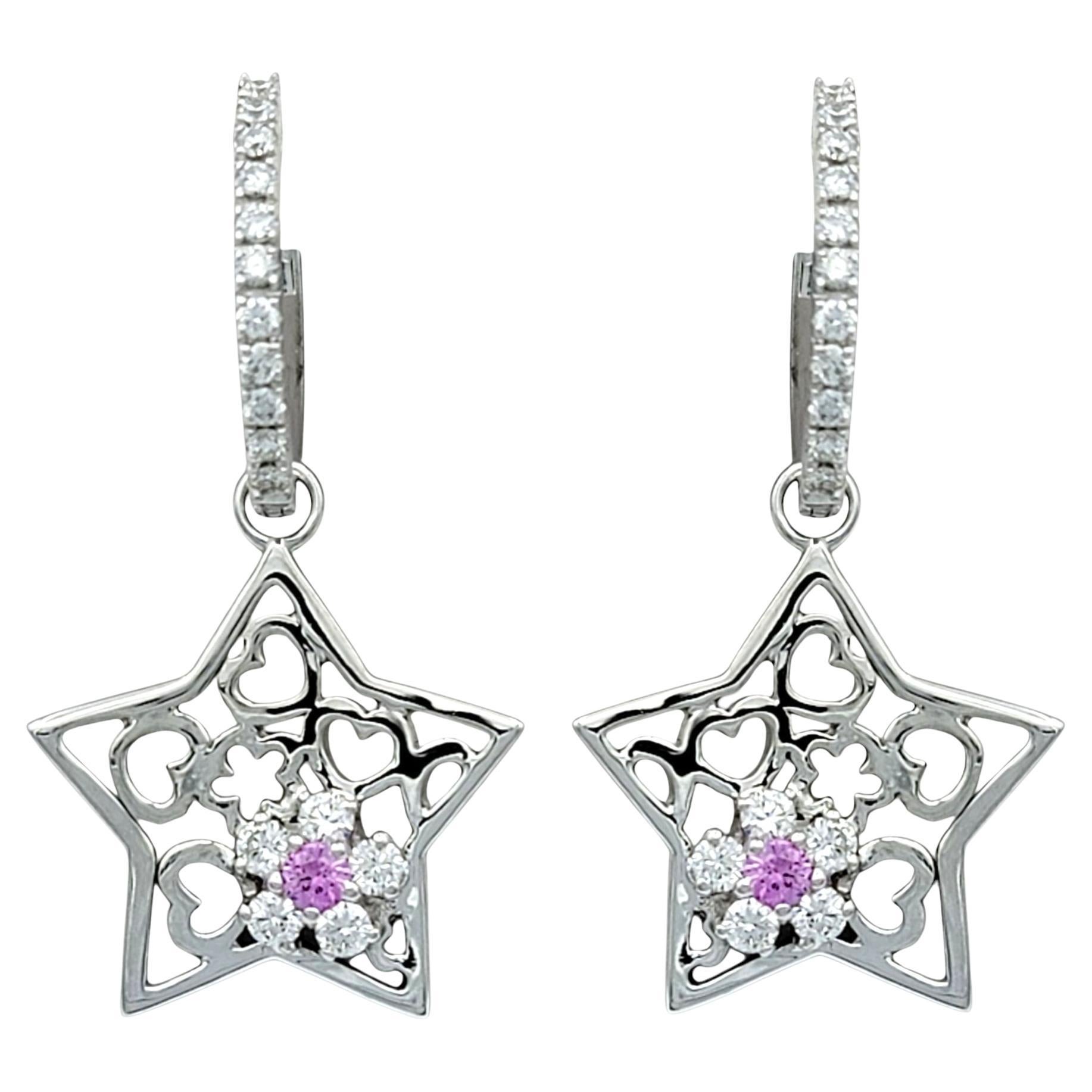Diamond Star Charm Hoop Earrings with Pink Sapphires in 18 Karat White Gold For Sale