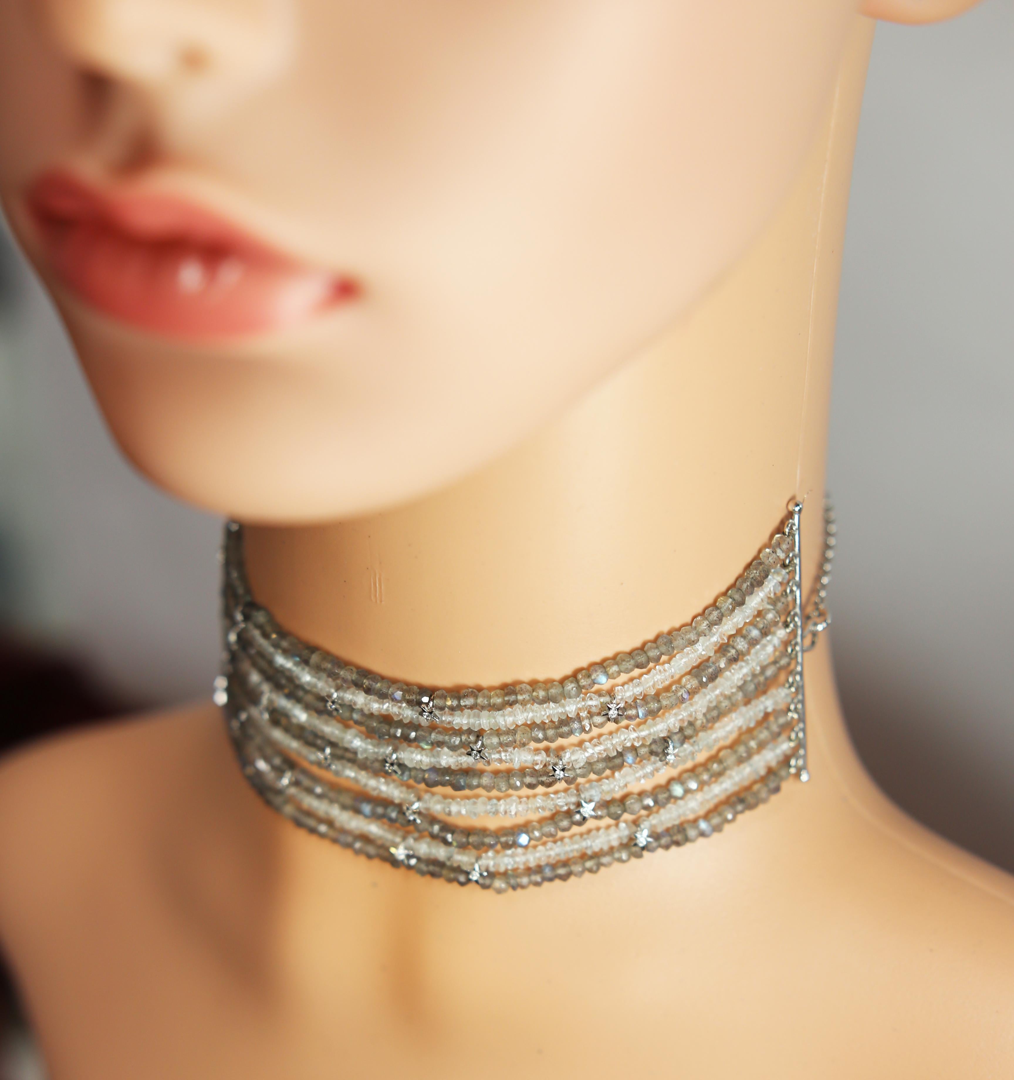 Diamond Star Choker Necklace of 18 Karat Gold Labradorite and Moonstone Beads In New Condition In Bilbao, ES