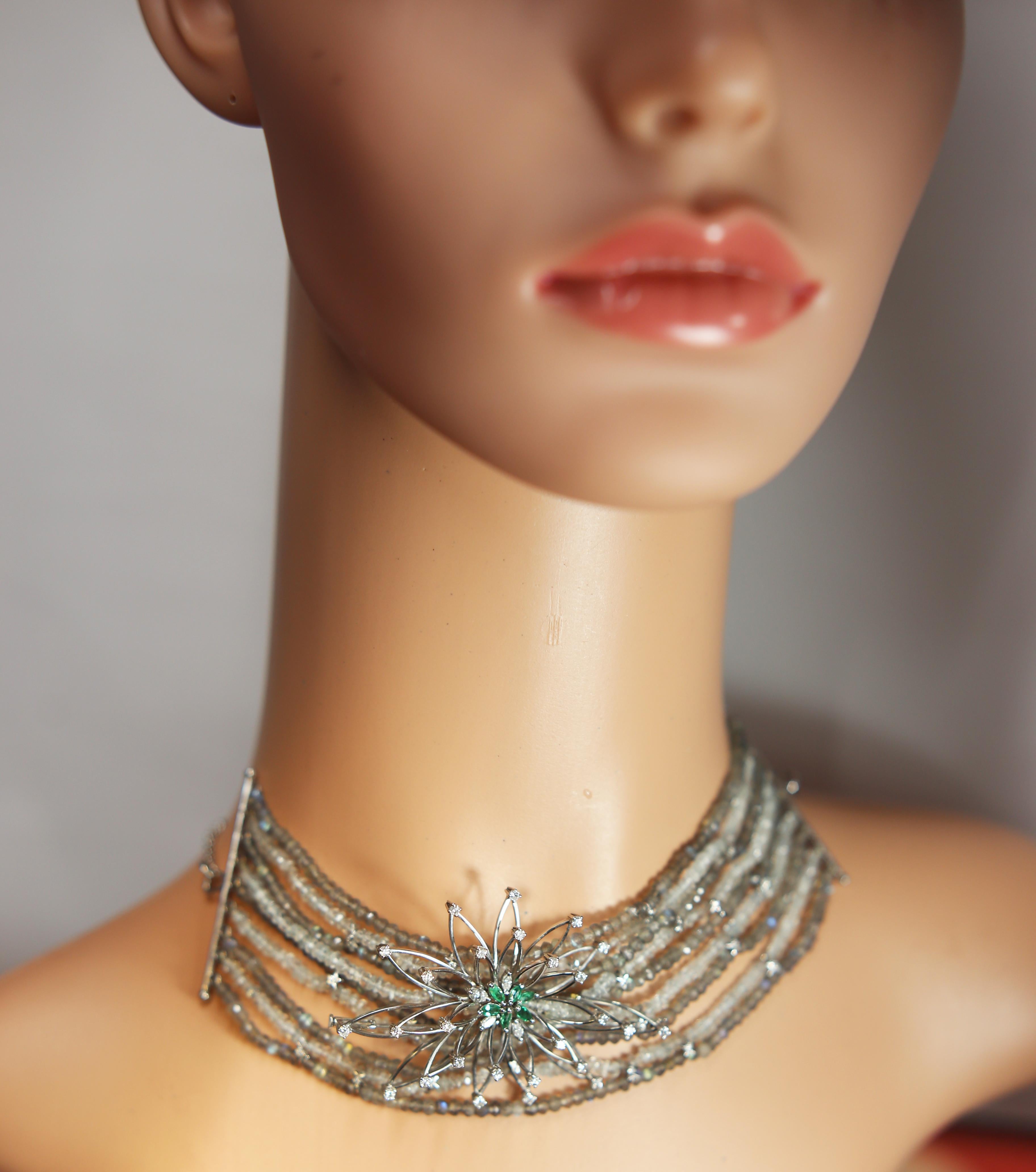 Diamond Star Choker Necklace of 18 Karat Gold Labradorite and Moonstone Beads 1