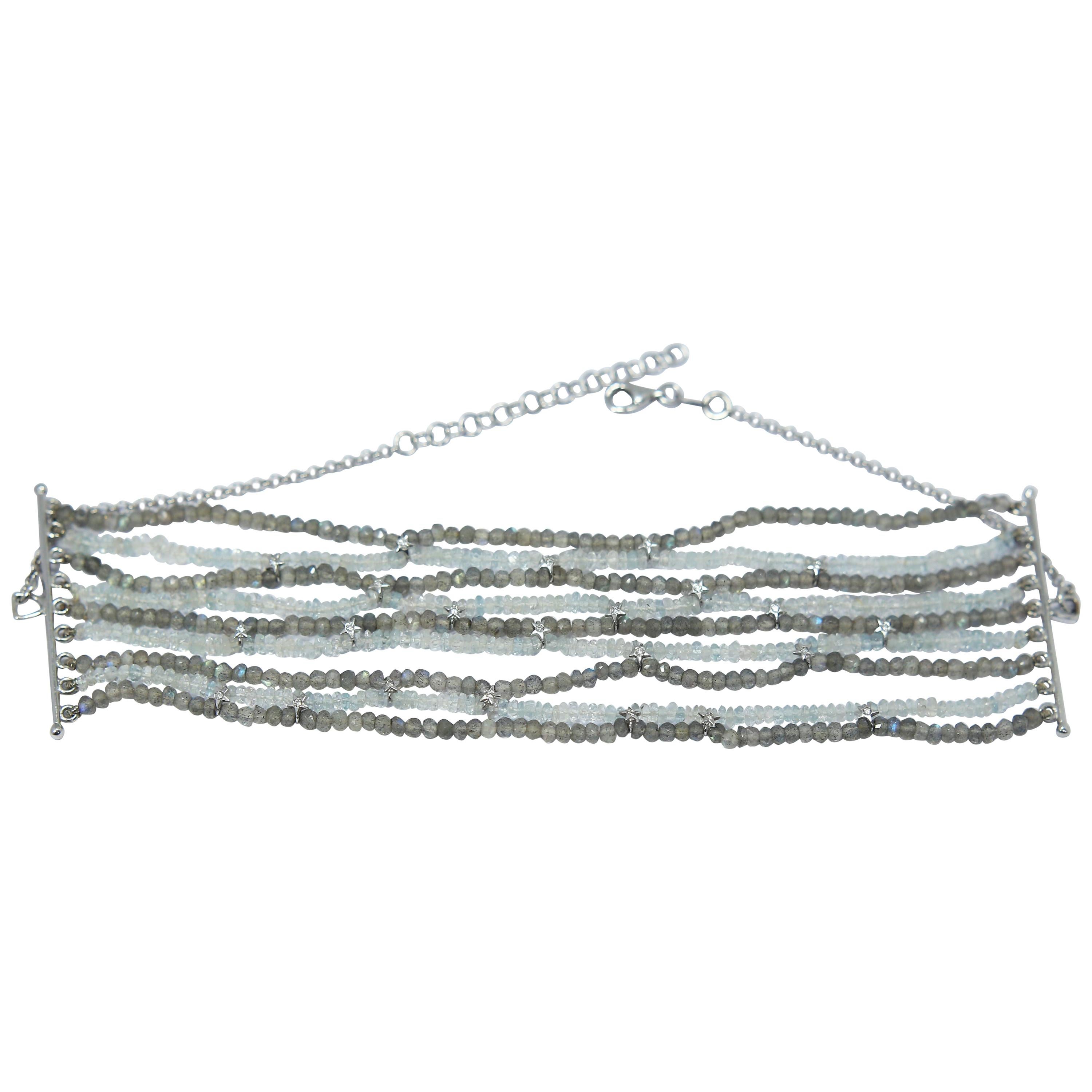 Diamond Star Choker Necklace of 18 Karat Gold Labradorite and Moonstone Beads