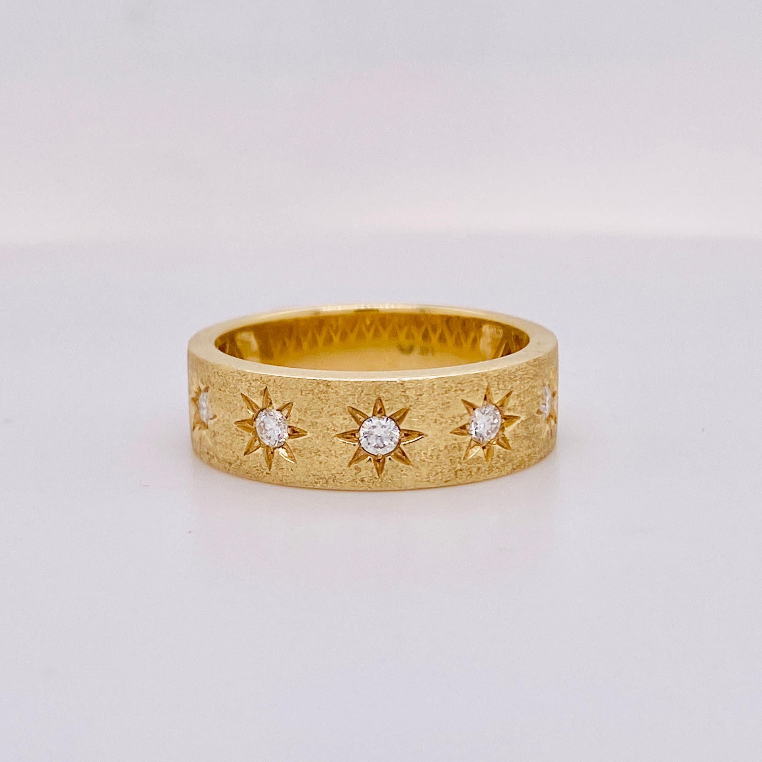 Contemporary Diamond Star Cigar Band, Matte 14K Yellow Gold, Starburst Flush Set Diamonds For Sale