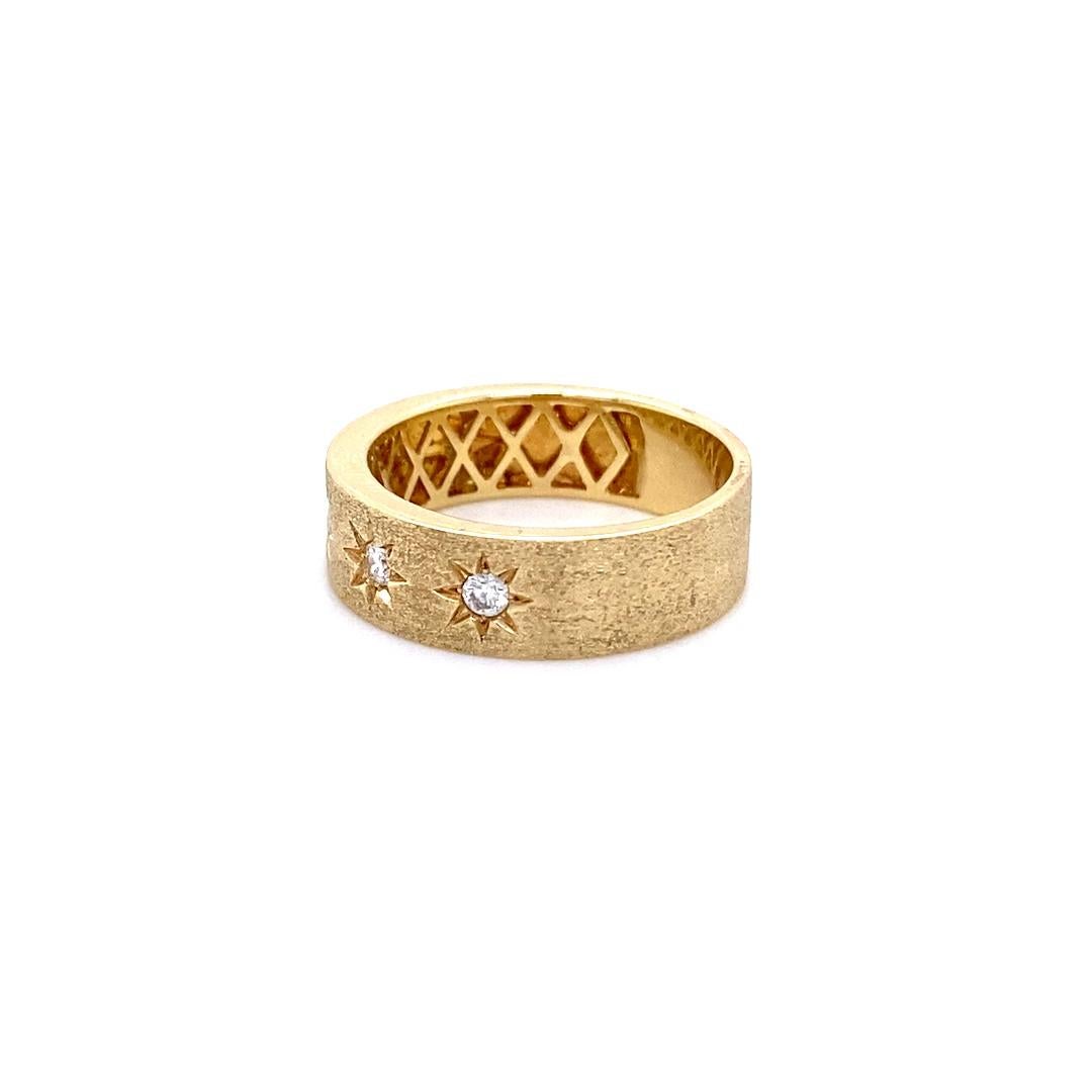 Women's Diamond Star Cigar Band, Matte 14K Yellow Gold, Starburst Flush Set Diamonds For Sale