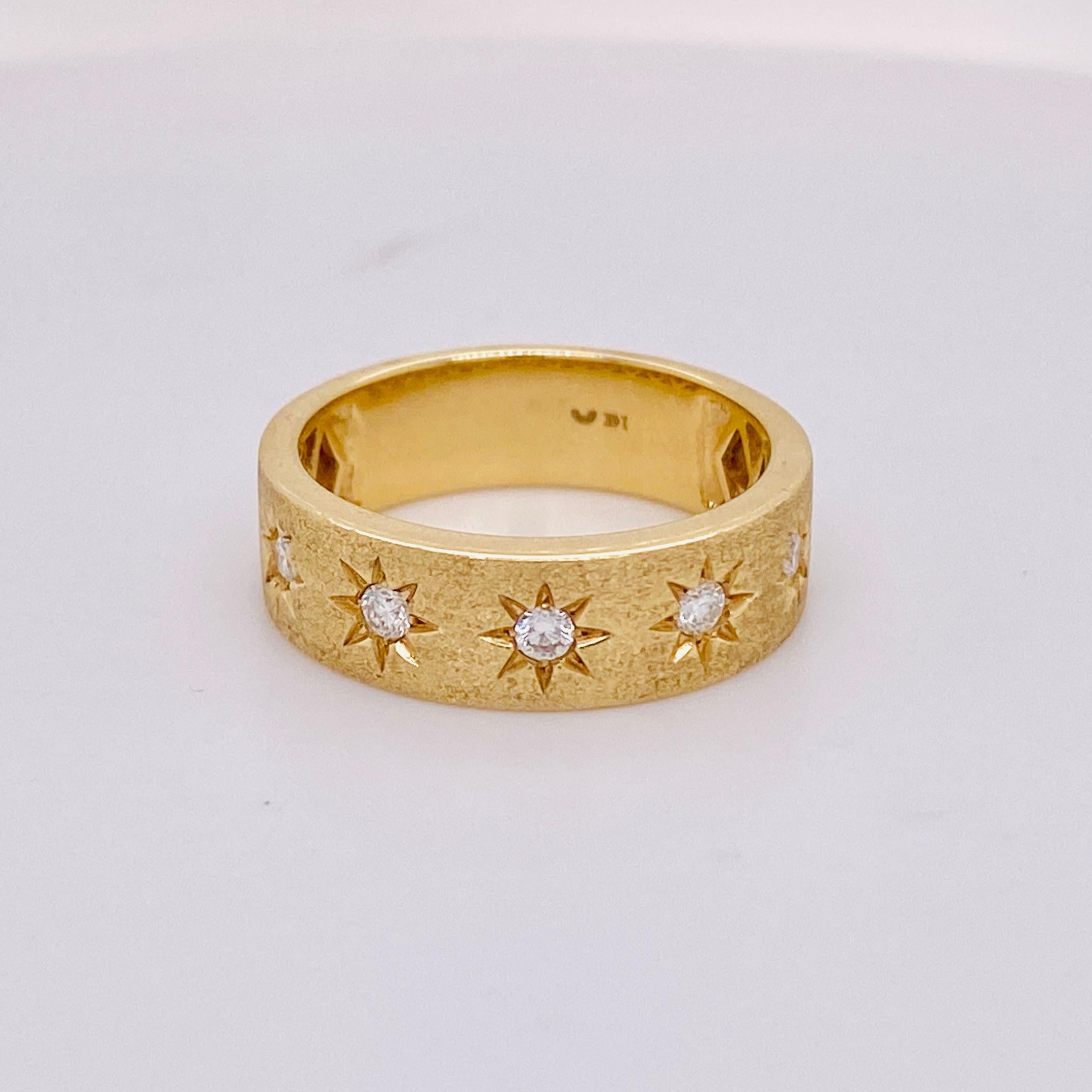 Diamond Star Cigar Band, Matte 14K Yellow Gold, Starburst Flush Set Diamonds For Sale 2