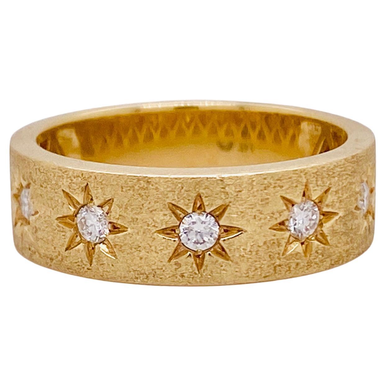 Diamond Star Cigar Band, Matte 14K Yellow Gold, Starburst Flush Set Diamonds For Sale
