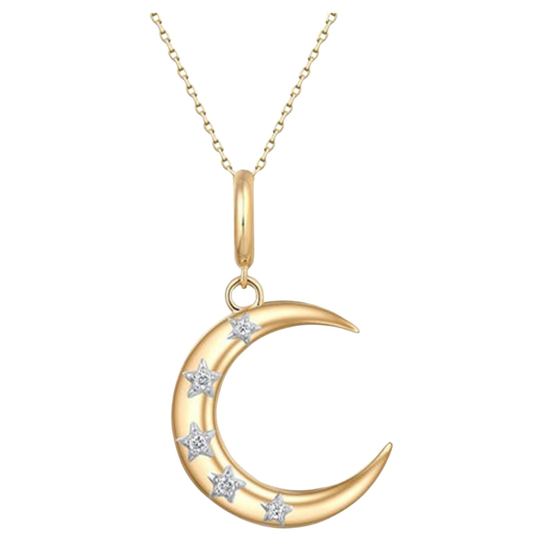 Collier pendentif en or jaune 14K (18k sur demande) étoile diamantée croissant de lune
