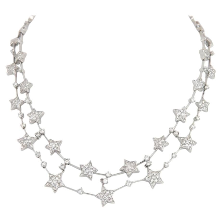 Diamond Star Double Row Necklace 4.55ct 18K White Gold Collar Style