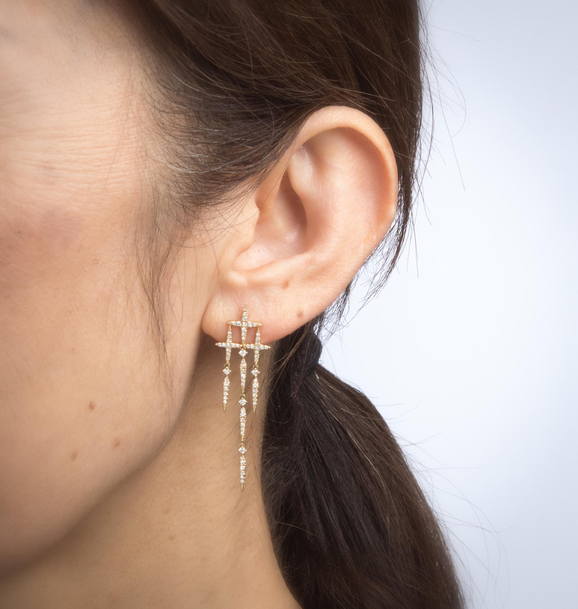 Modern Diamond Star Drop Earrings Estate 14 Karat Yellow Gold Jewelry Micro Pave