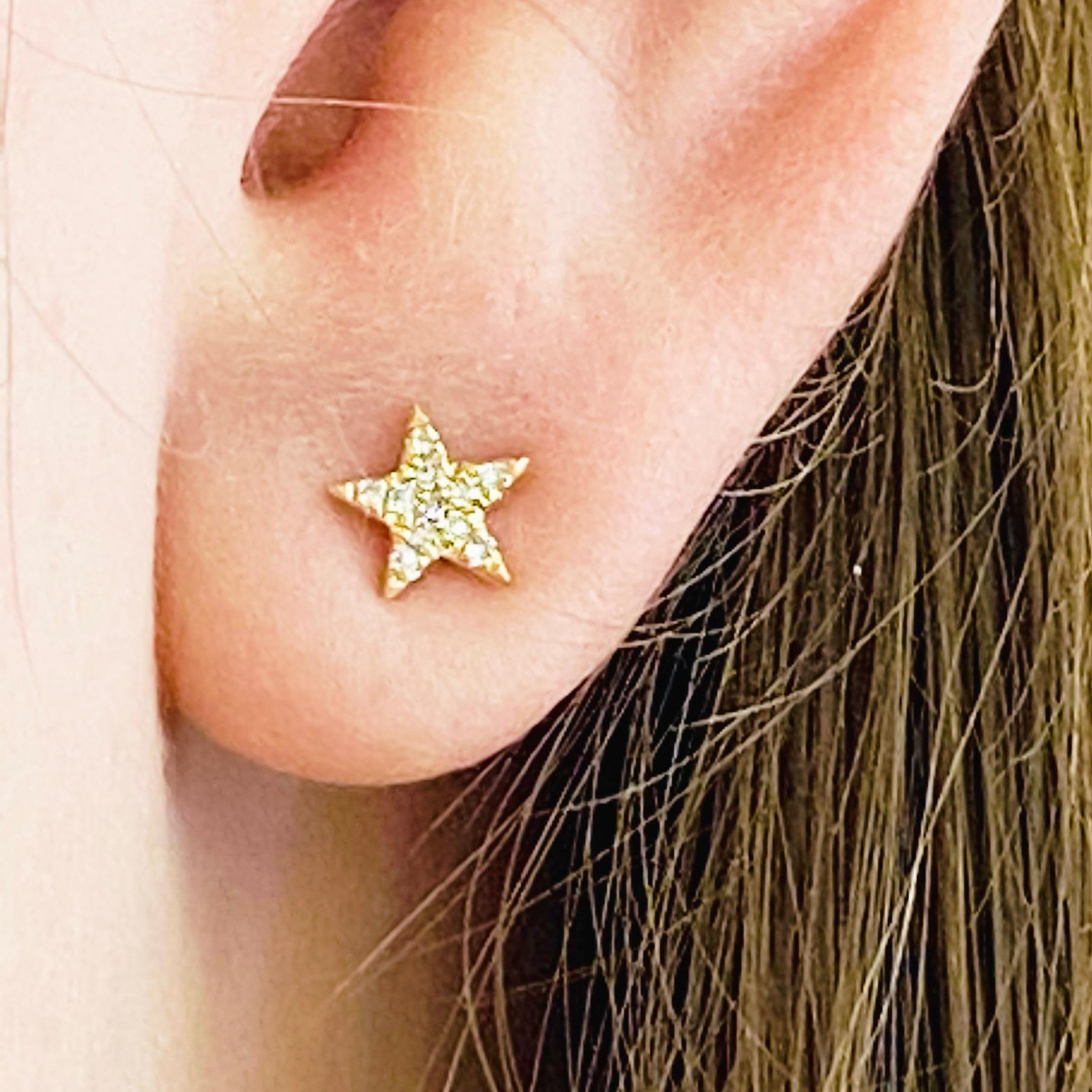 These stunning 14k yellow gold star stud earrings dripping with diamonds provide a look that is both trendy and classic. These pave diamond earrings are a great staple to add to your collection, and can be worn with both casual and formal wear. 
