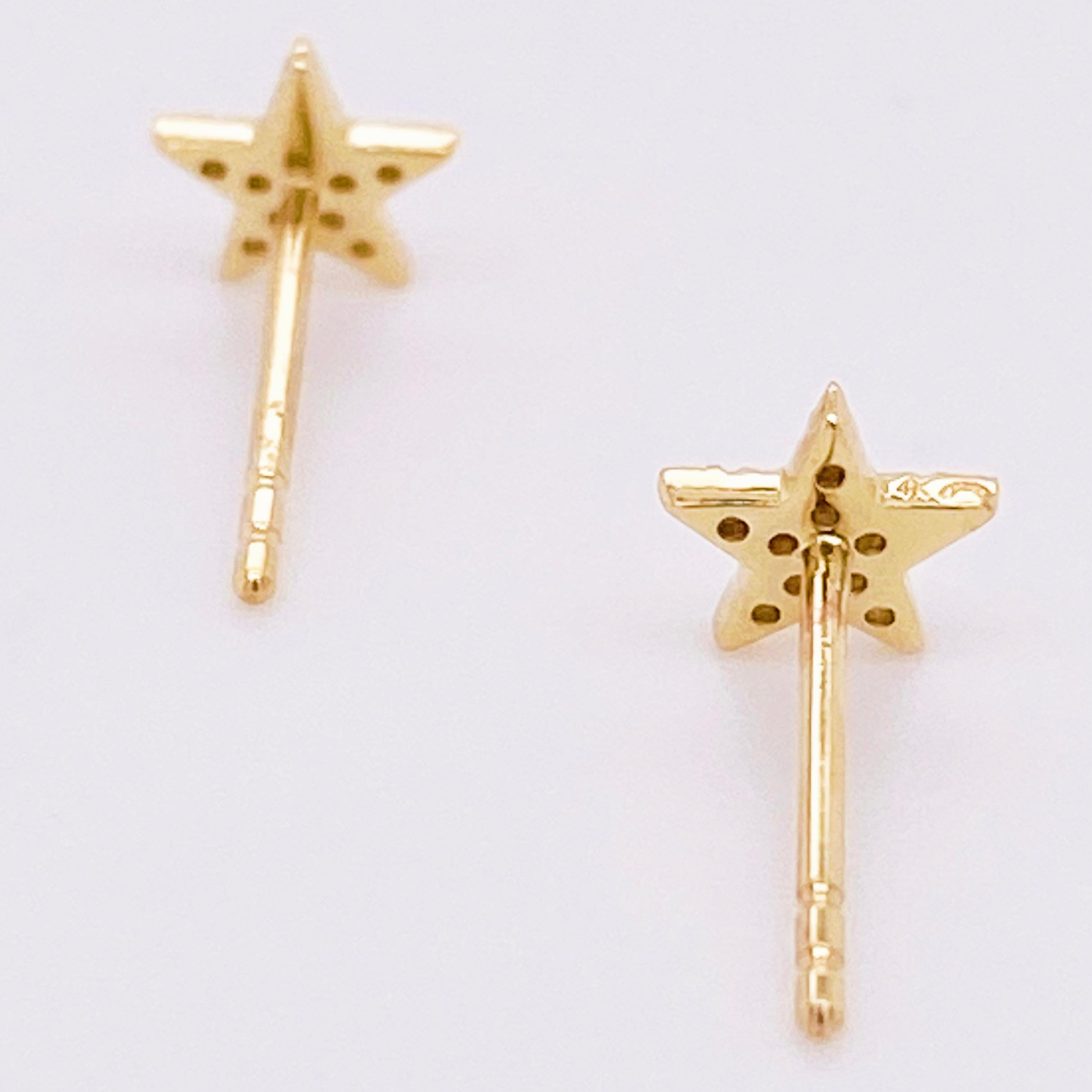 Modern Diamond Star Earrings, 14 Karat Yellow Gold Diamond Stud Earrings, Space, Stars For Sale