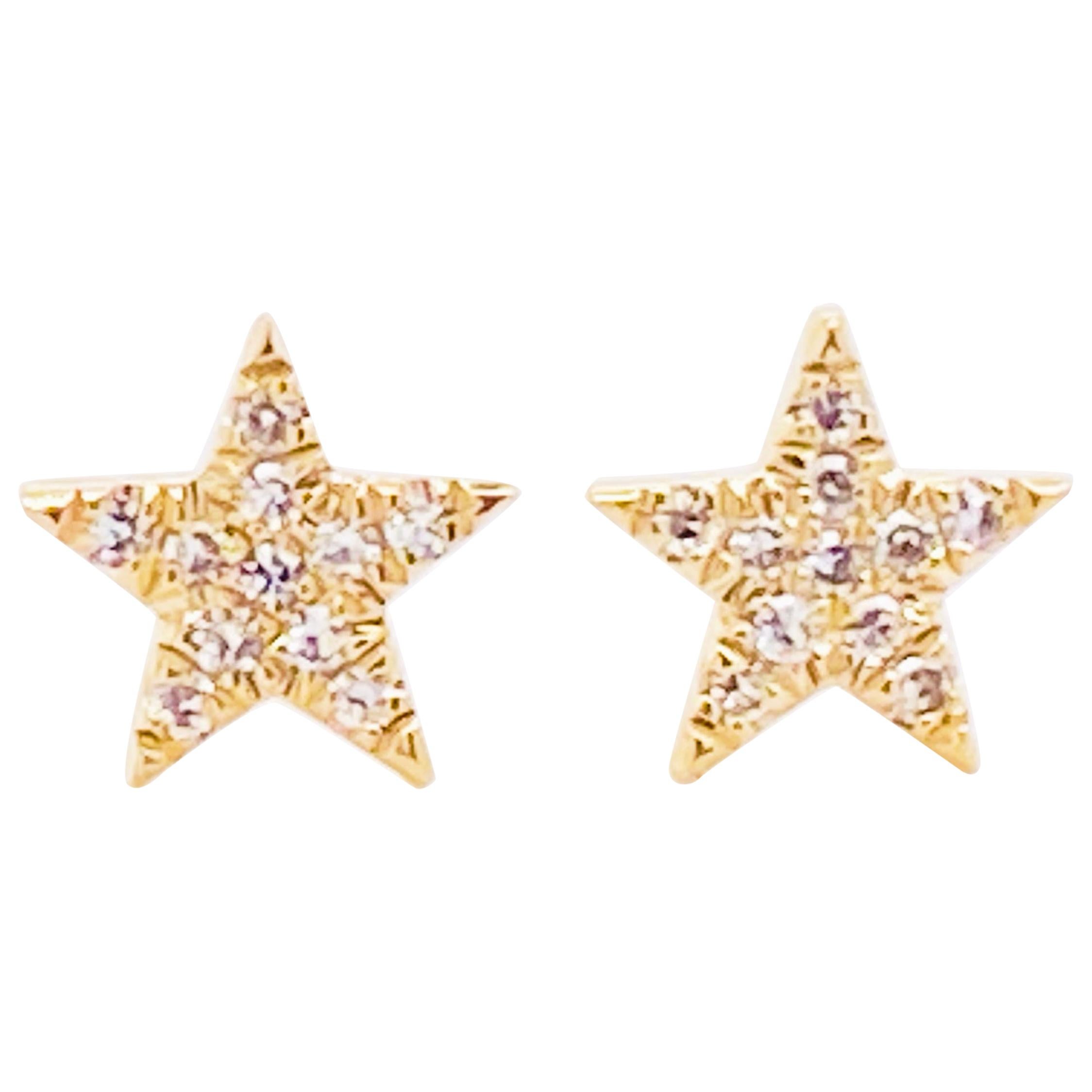Diamond Star Earrings, 14 Karat Yellow Gold Diamond Stud Earrings, Space, Stars