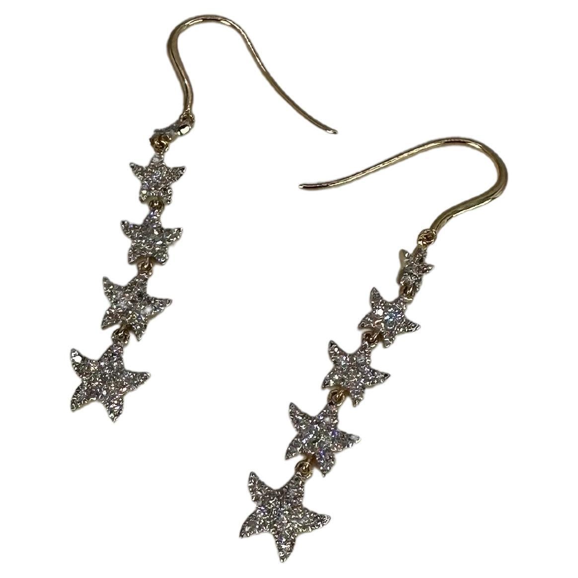 Diamond Star Earrings 14 Karat Yellow Gold Long Stunning Glamorous Earrings For Sale