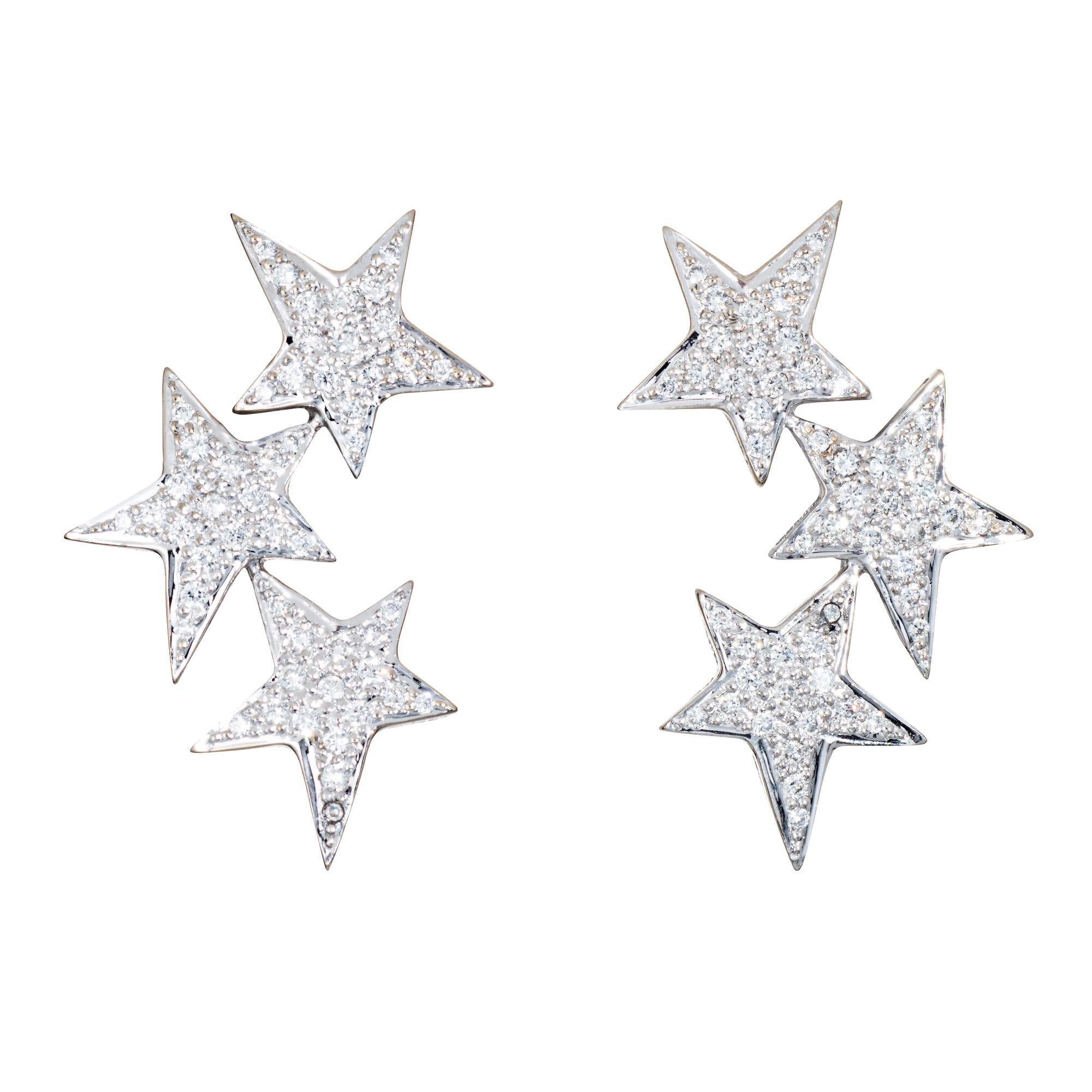 Round Cut Diamond Star Earrings Estate 18k White Gold 3 Tier Fine Celestial Jewelry For Sale