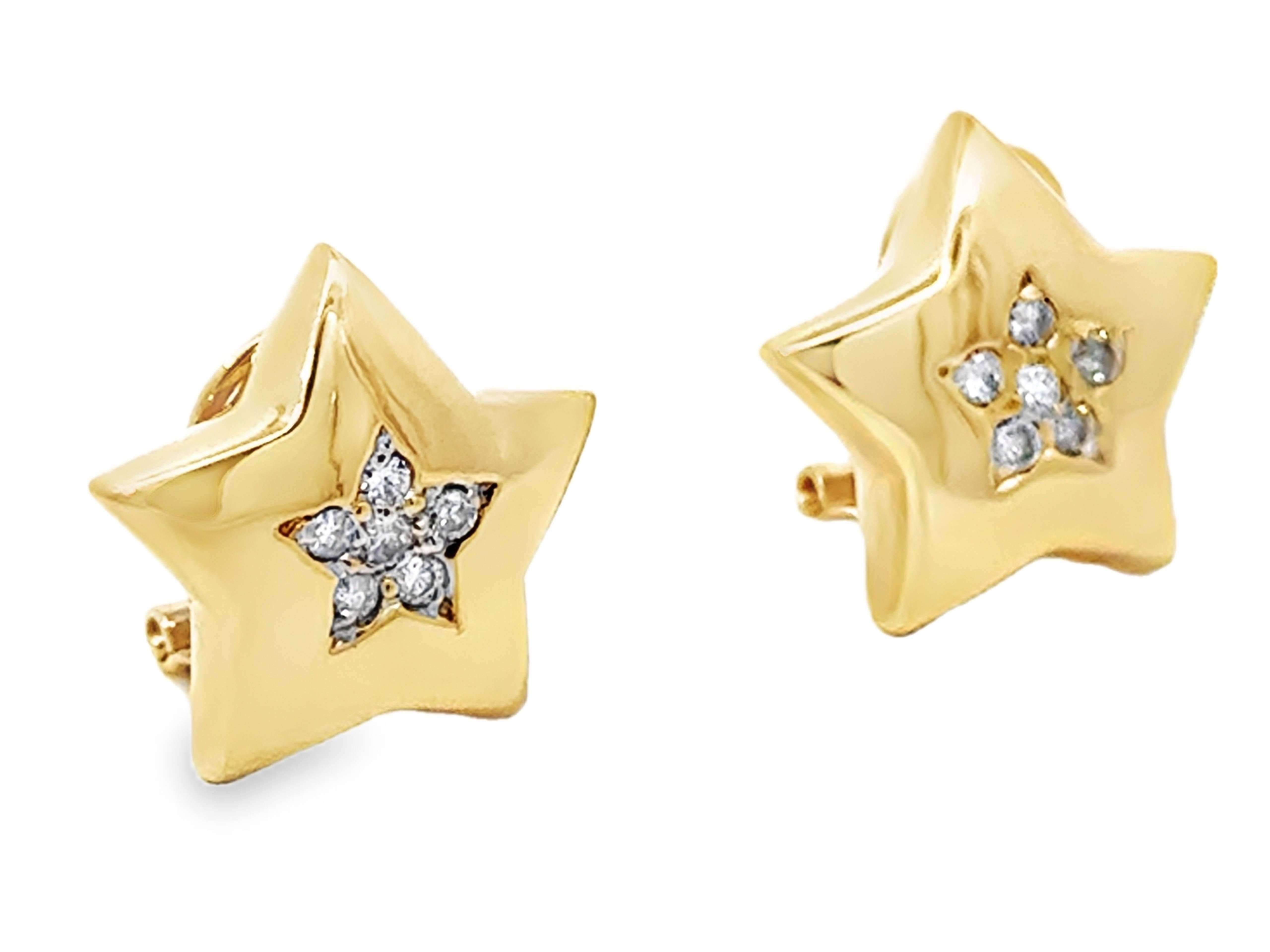 Modern Diamond Star Earrings High Polish Finish Solid 14K Yellow Gold For Sale