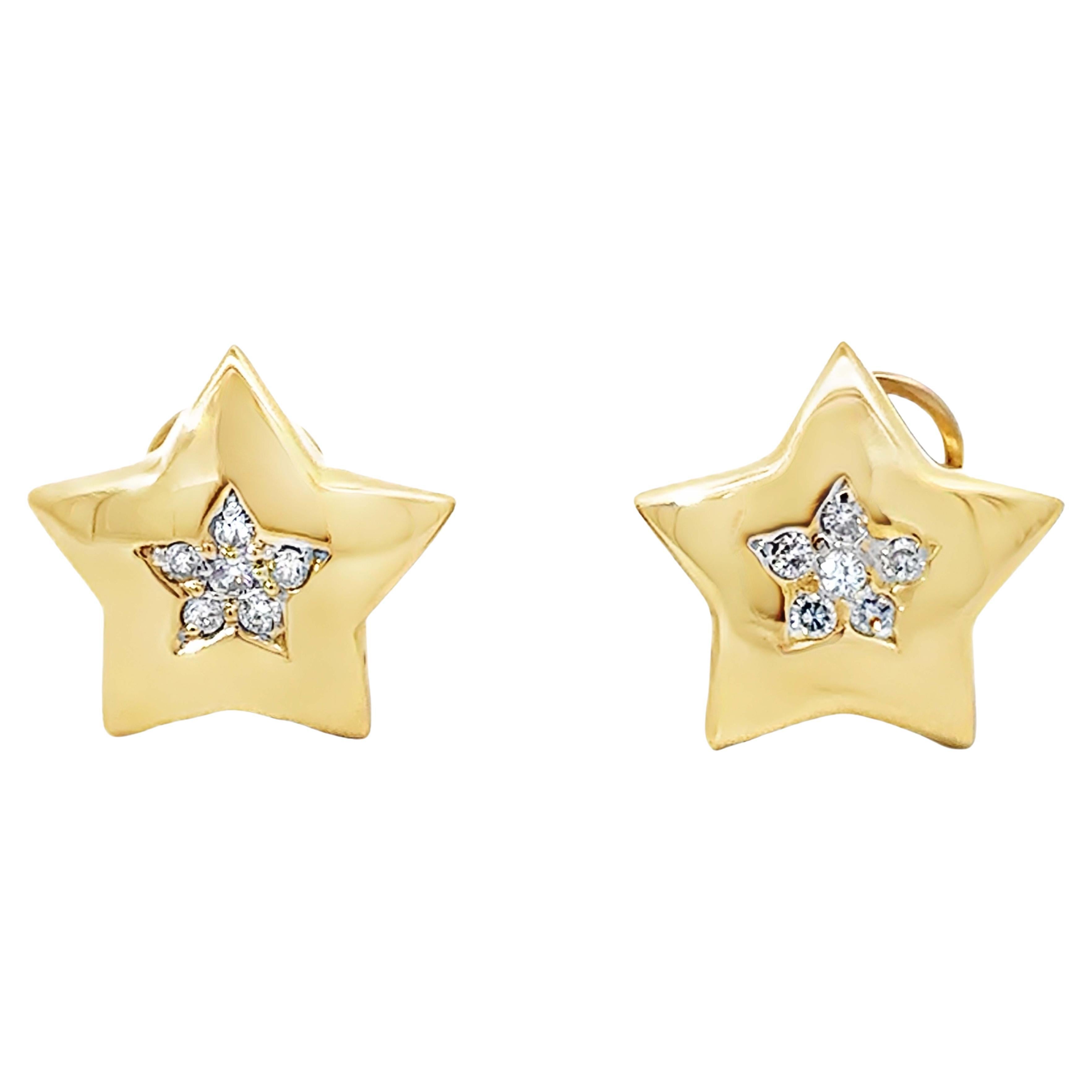 Diamond Star Earrings High Polish Finish Solid 14K Yellow Gold