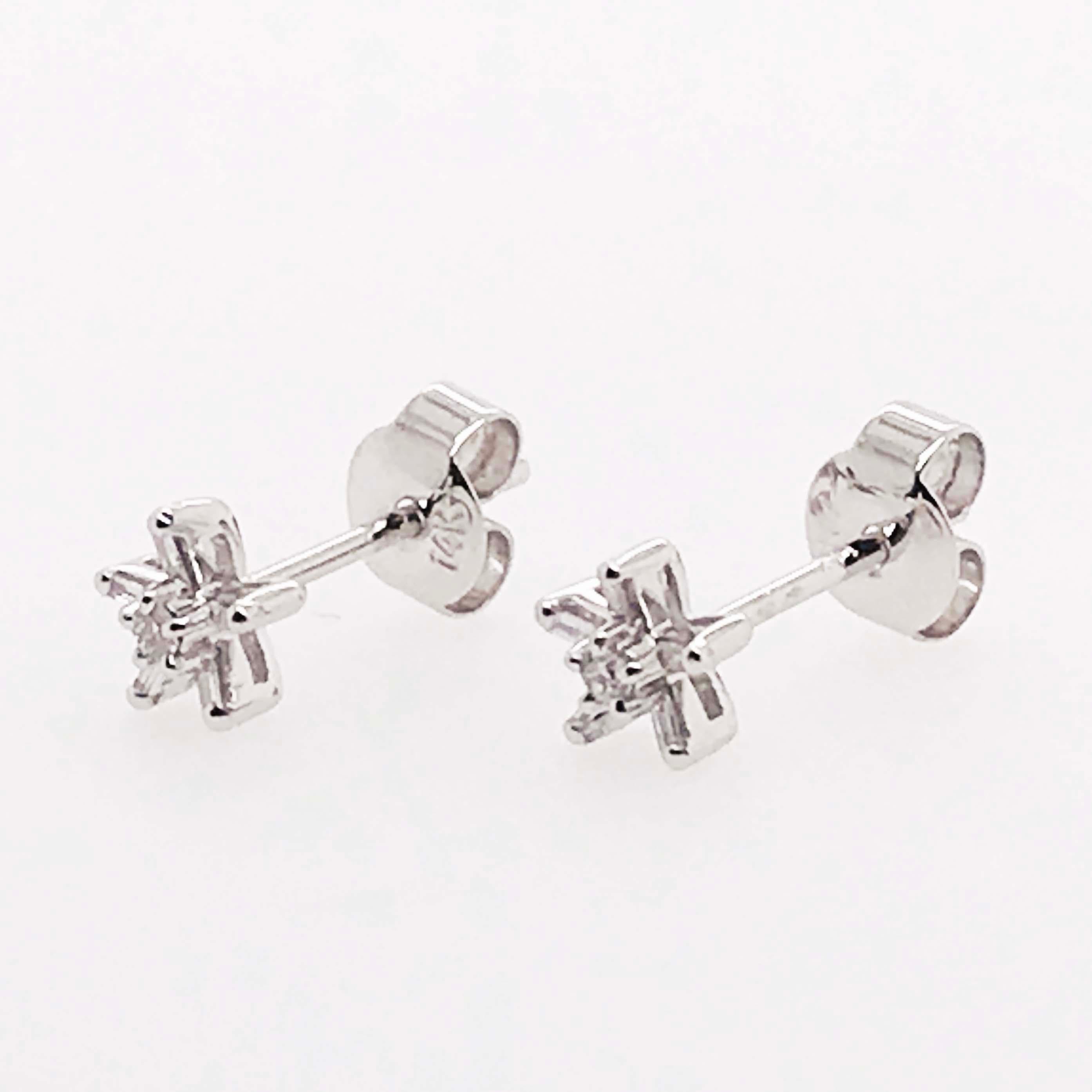 Artisan Diamond Star Flower Earring Studs, White Gold Diamond Star Earrings Flower Stud