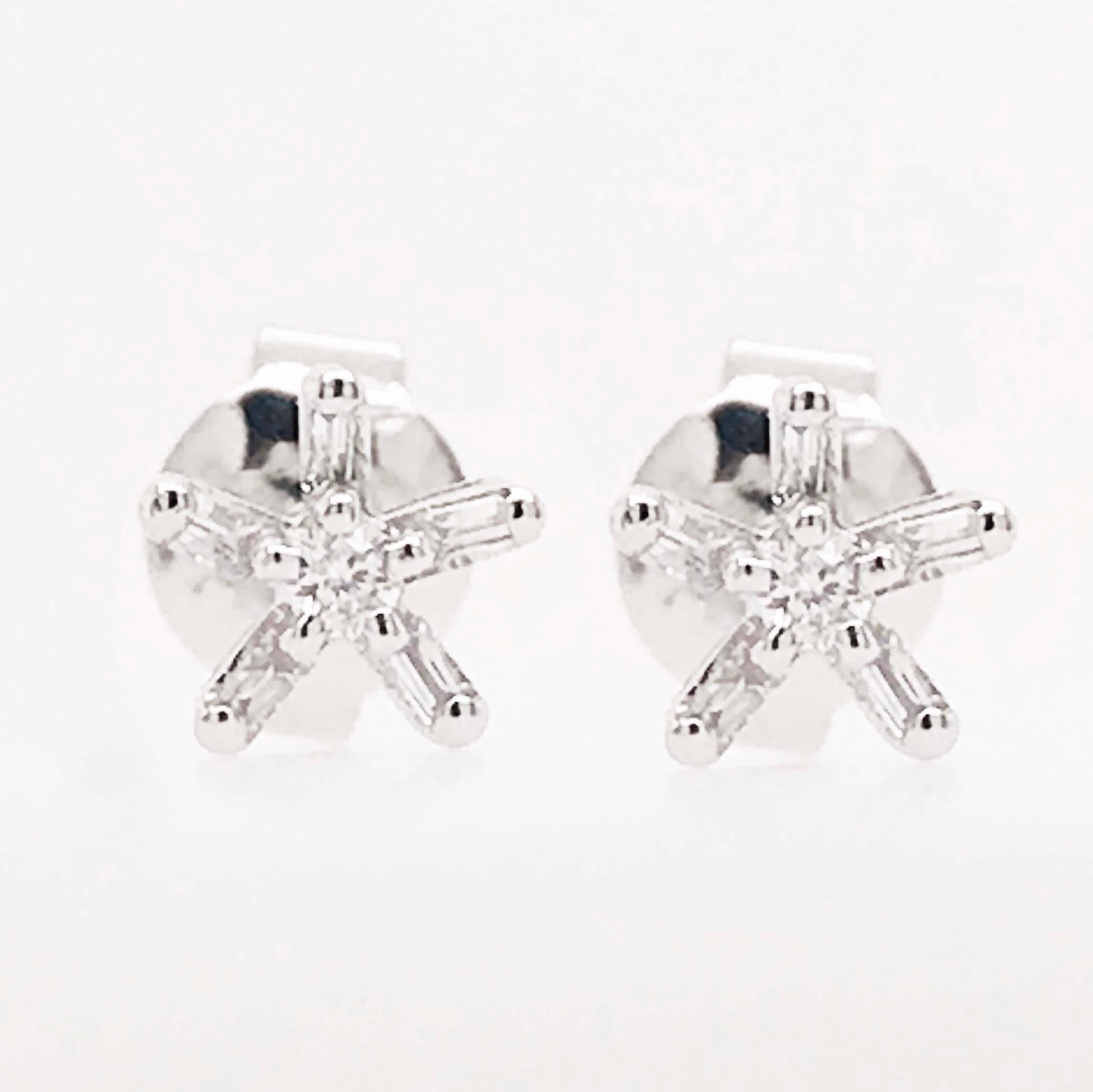 Round Cut Diamond Star Flower Earring Studs, White Gold Diamond Star Earrings Flower Stud