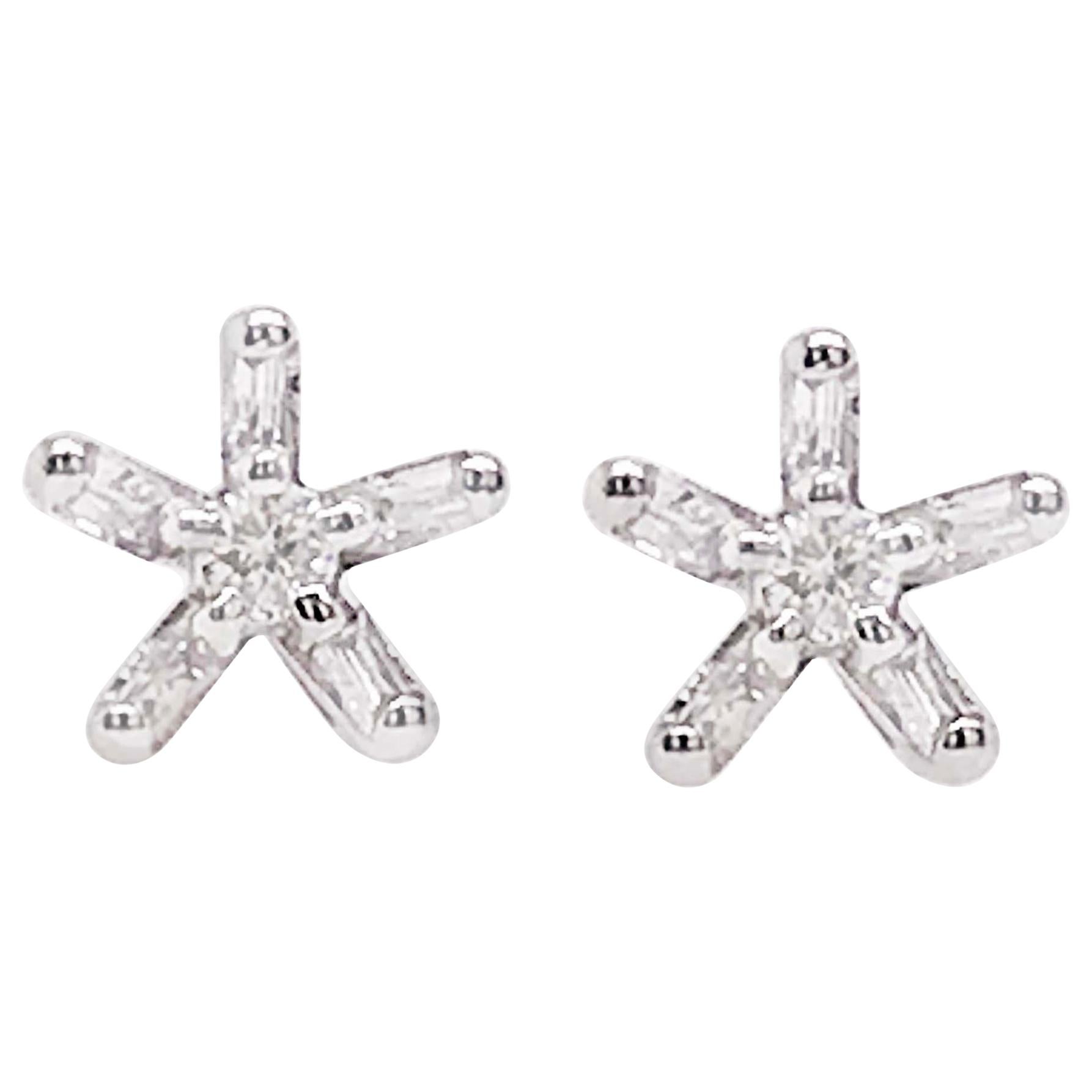 Diamond Star Flower Earring Studs, White Gold Diamond Star Earrings Flower Stud
