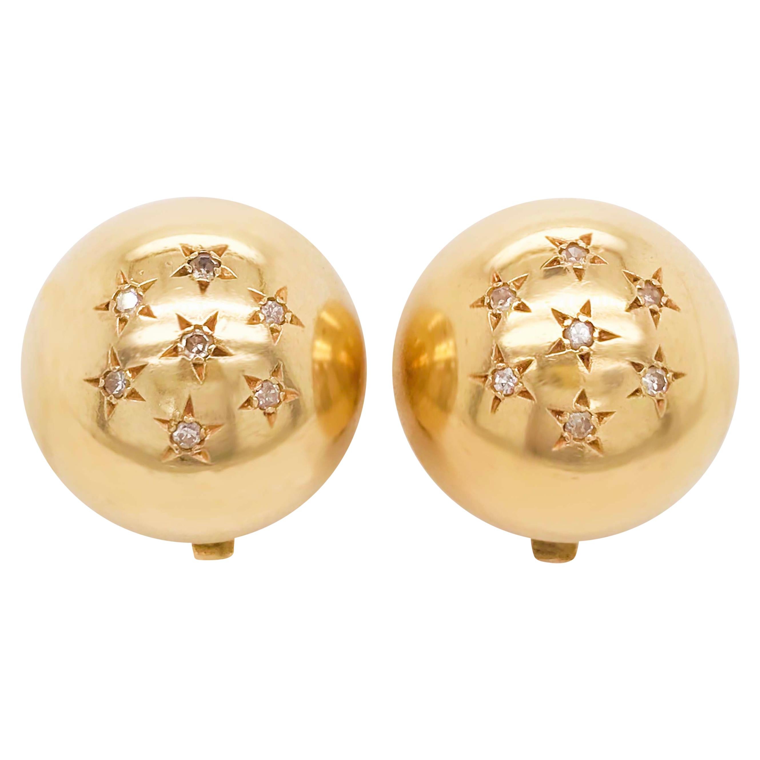 Diamond Star Gold Ball Clip-On Earrings in 14 Karat Gold with Round Diamonds