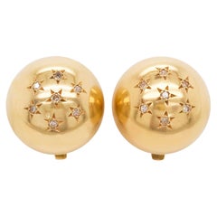 Vintage Diamond Star Gold Ball Clip-On Earrings in 14 Karat Gold with Round Diamonds