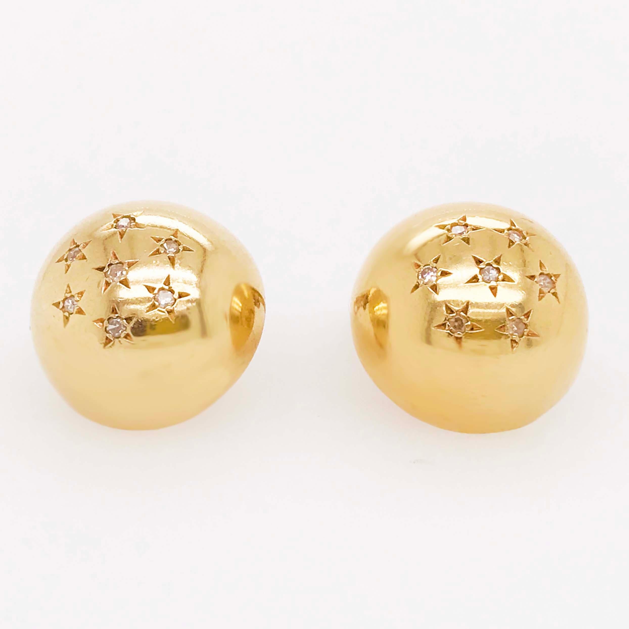 The adorable Circa 1950 diamond star clip on earrings are so cute! The 14 karat yellow gold diamond clip on earrings have a large gold ball on the front. The gold ball is dusted with round brilliant diamonds that are set in custom star settings!