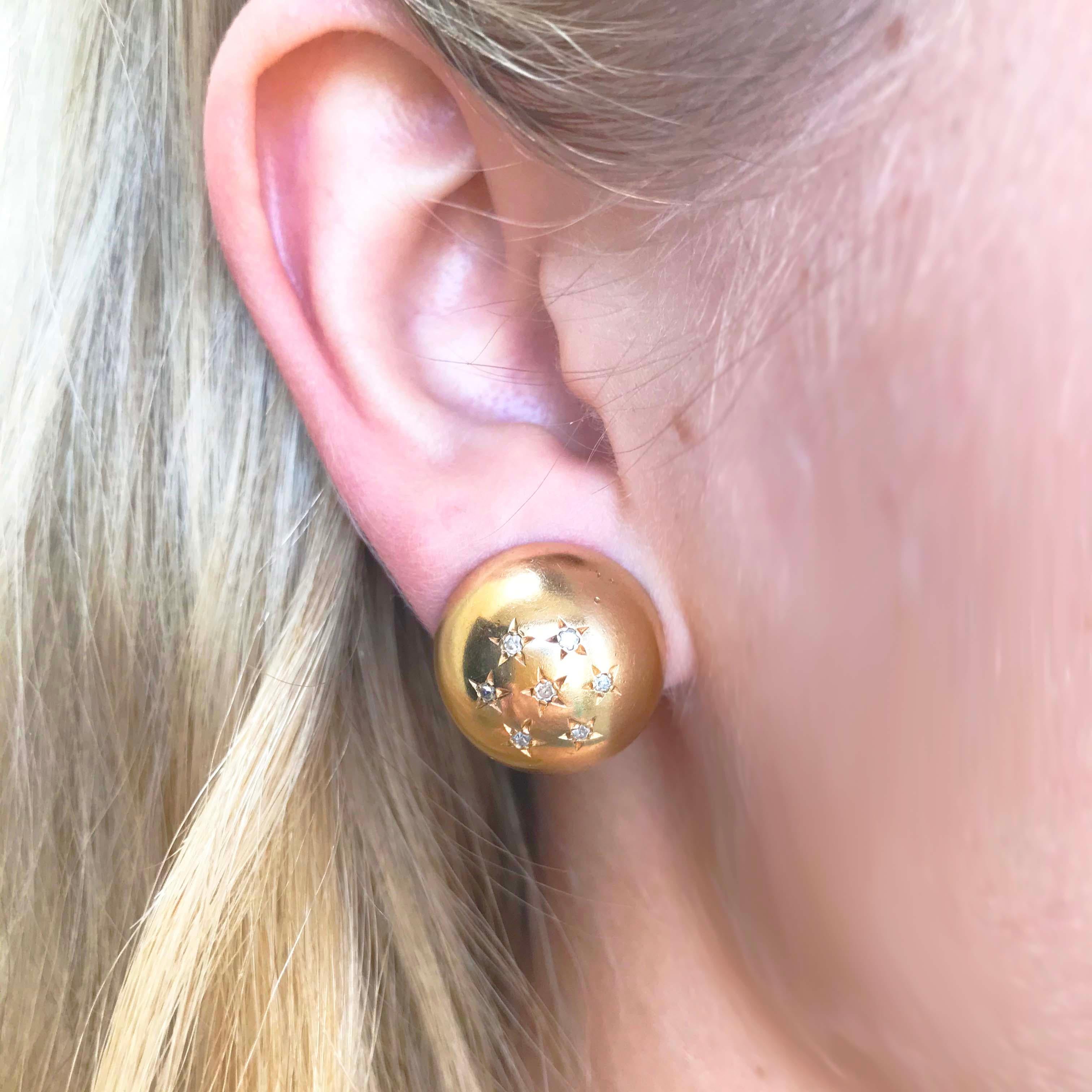 Retro Diamond Star Gold Ball Clip-On Earrings in 14 Karat Gold with Round Diamonds