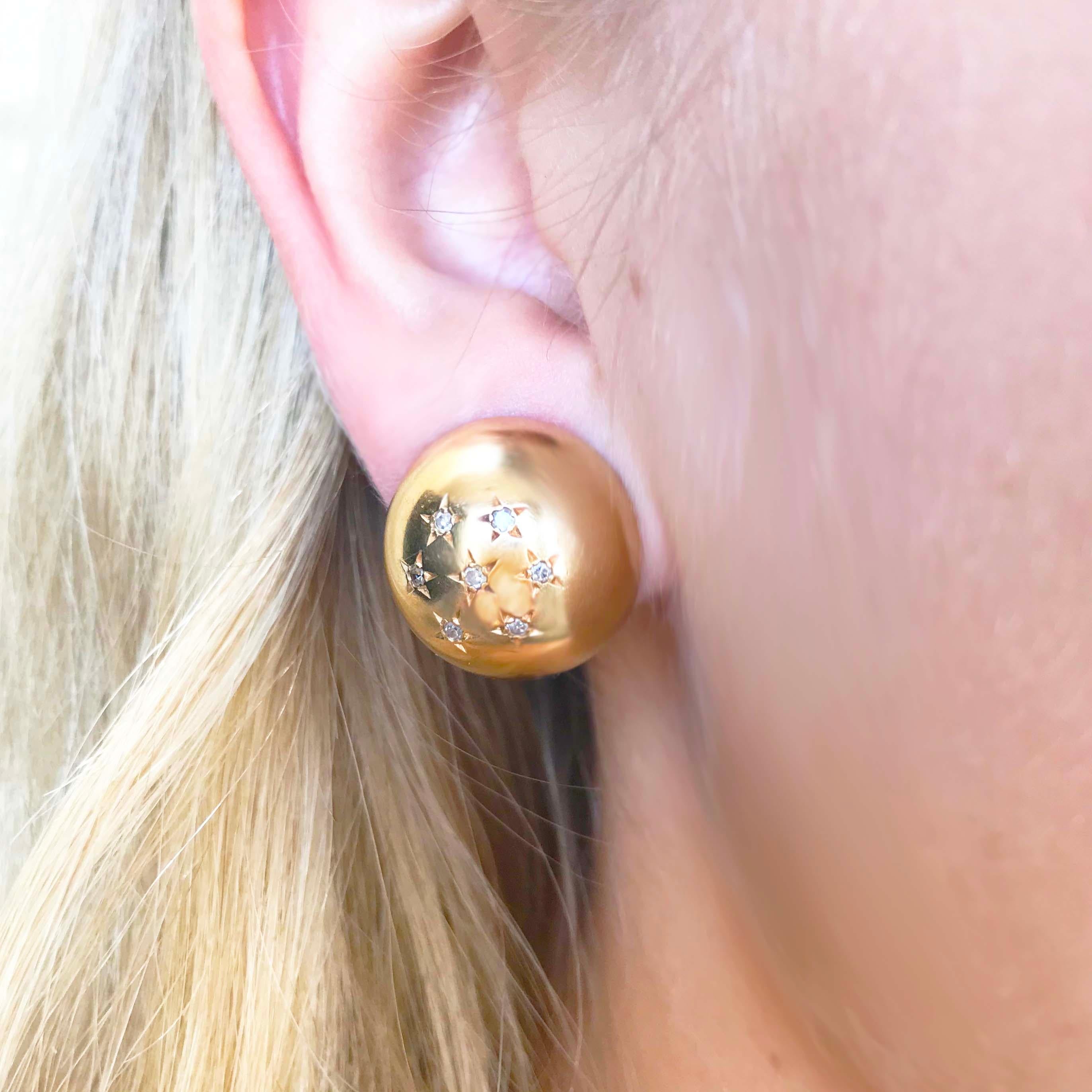 Round Cut Diamond Star Gold Ball Clip-On Earrings in 14 Karat Gold with Round Diamonds