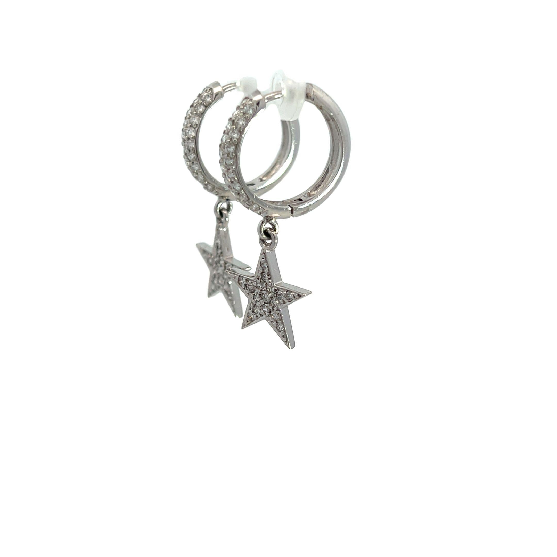 Contemporary Diamond Star Hoop Earrings, 1.32 Carats, Pave Diamond Hoops For Sale