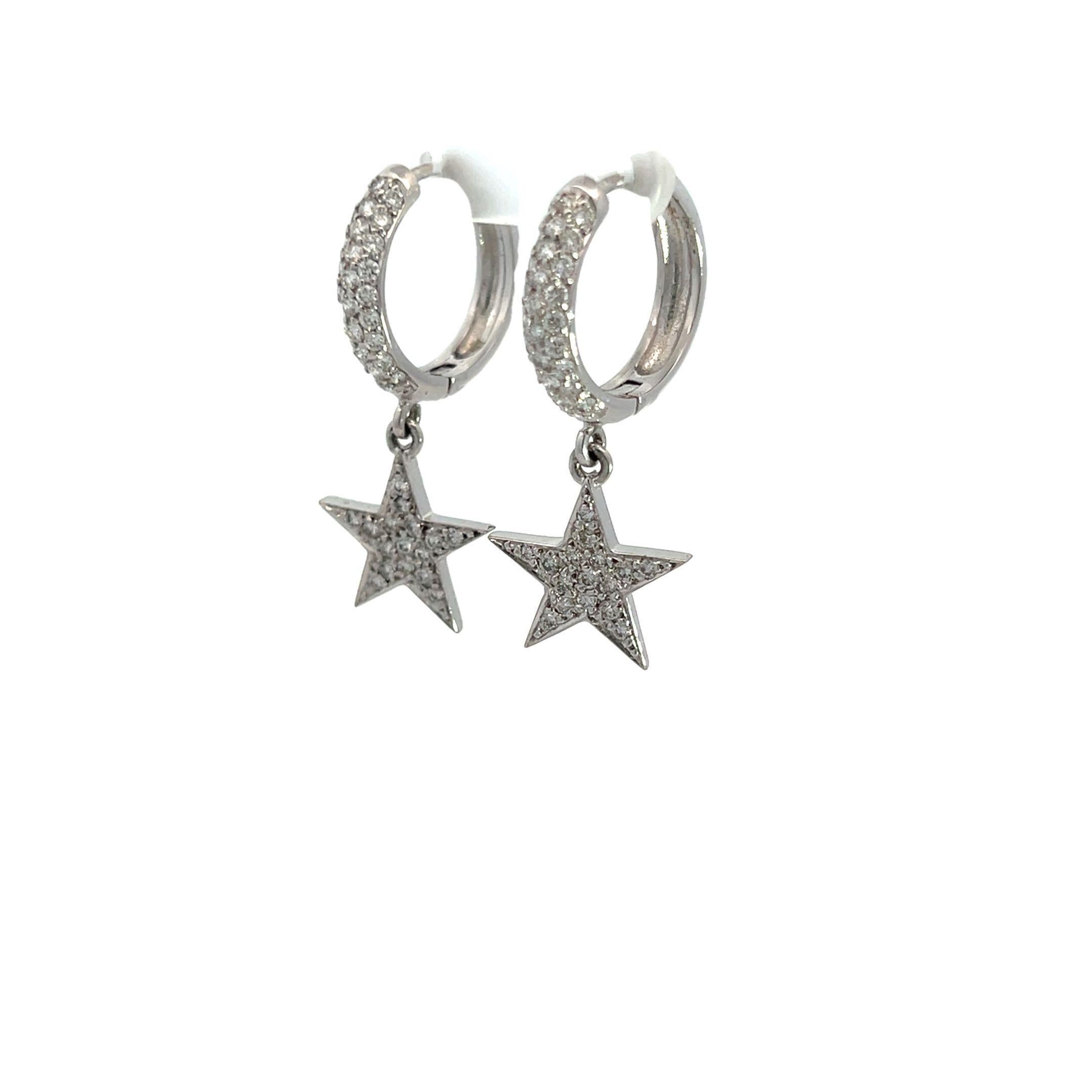 Round Cut Diamond Star Hoop Earrings, 1.32 Carats, Pave Diamond Hoops For Sale