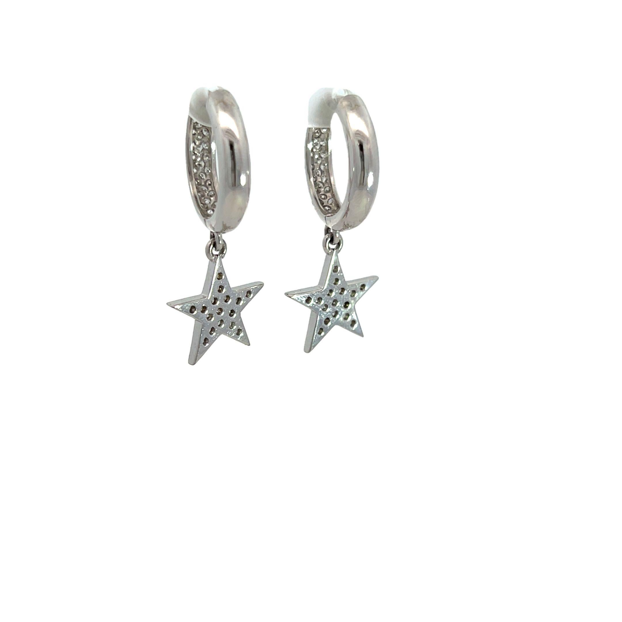 Women's or Men's Diamond Star Hoop Earrings, 1.32 Carats, Pave Diamond Hoops For Sale