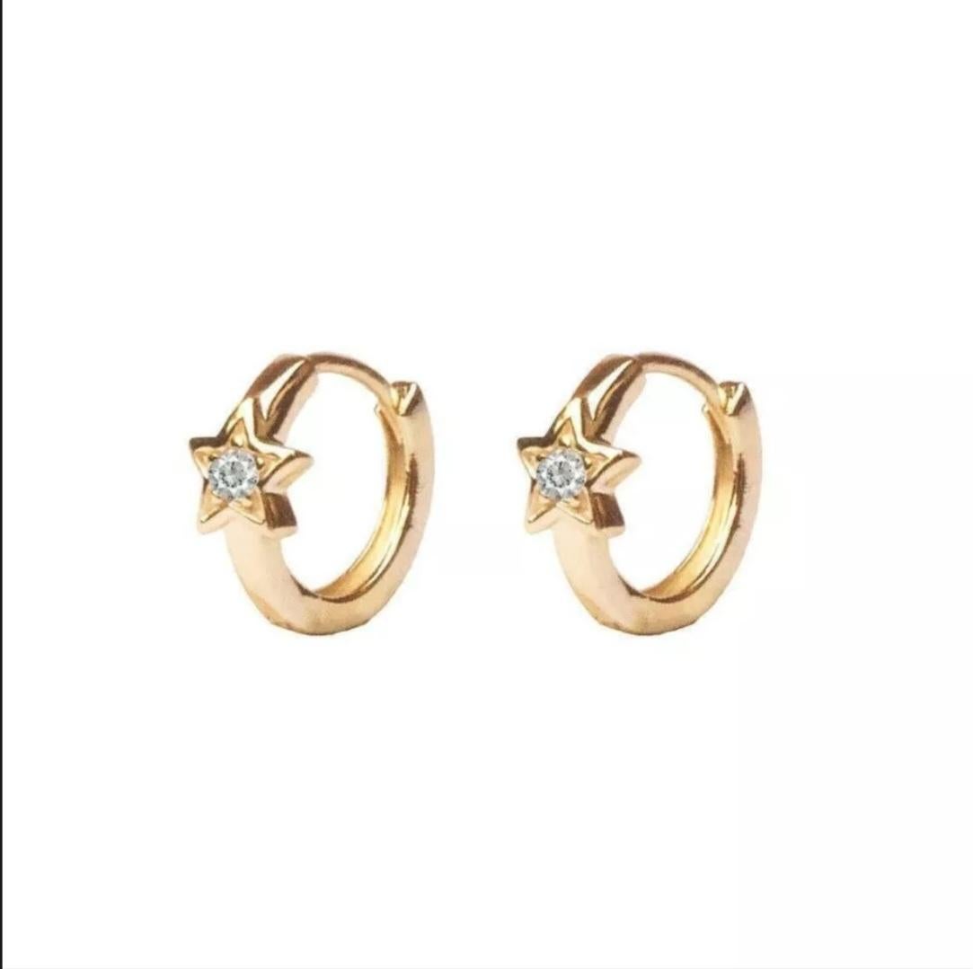 Art Deco Diamond Star Hoop Earrings 14K Solid Gold Mini Hoop Earring Christmas Gift. For Sale