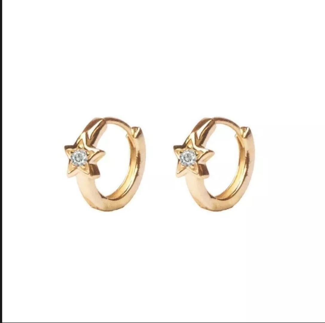 Diamond Star Hoop Earrings 14K Solid Gold Mini Hoop Earring Christmas Gift. For Sale 3