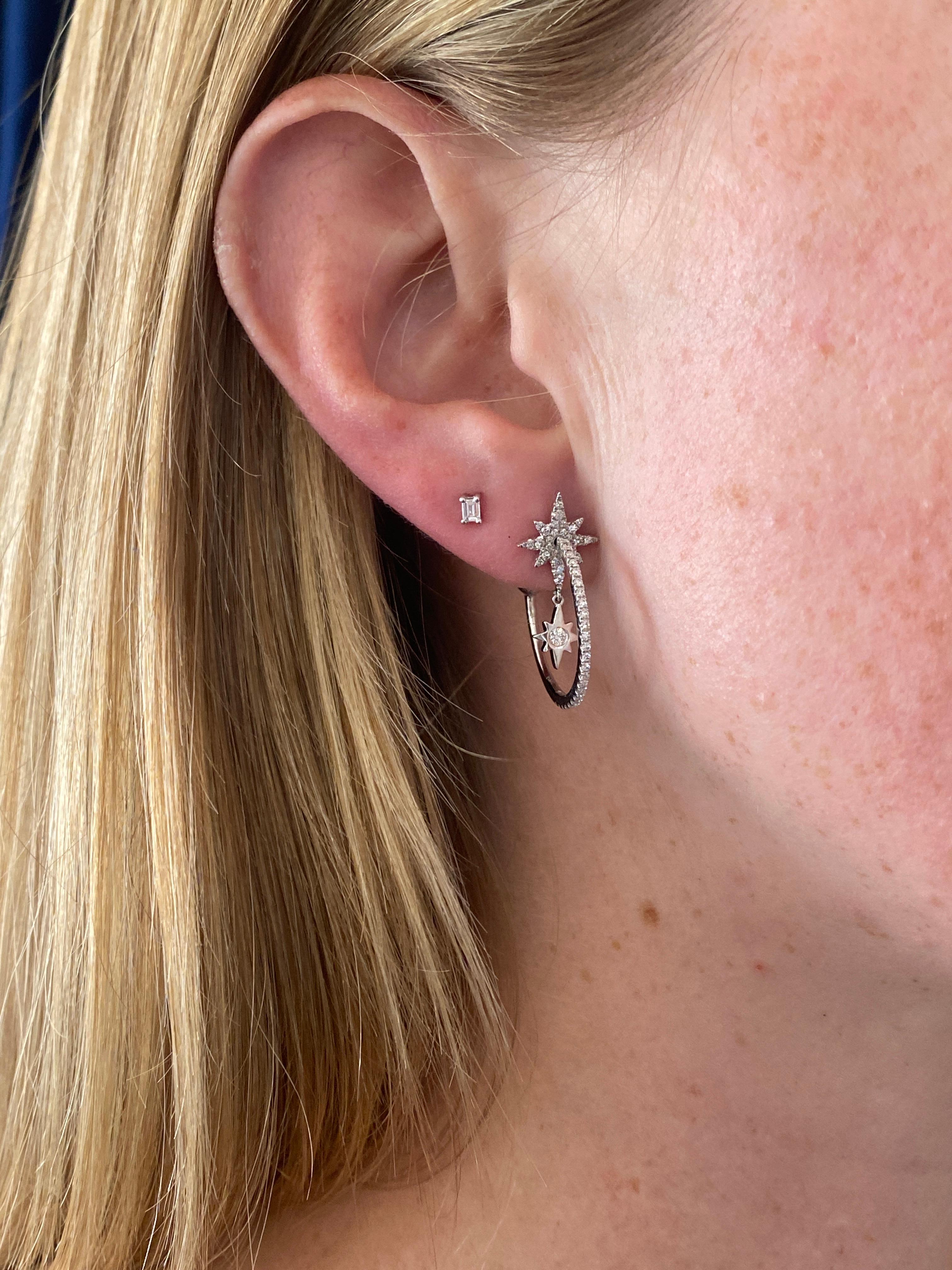 Women's Diamond Star Hoop Earrings, White Gold, J-Hoops and Starburst Shapes For Sale