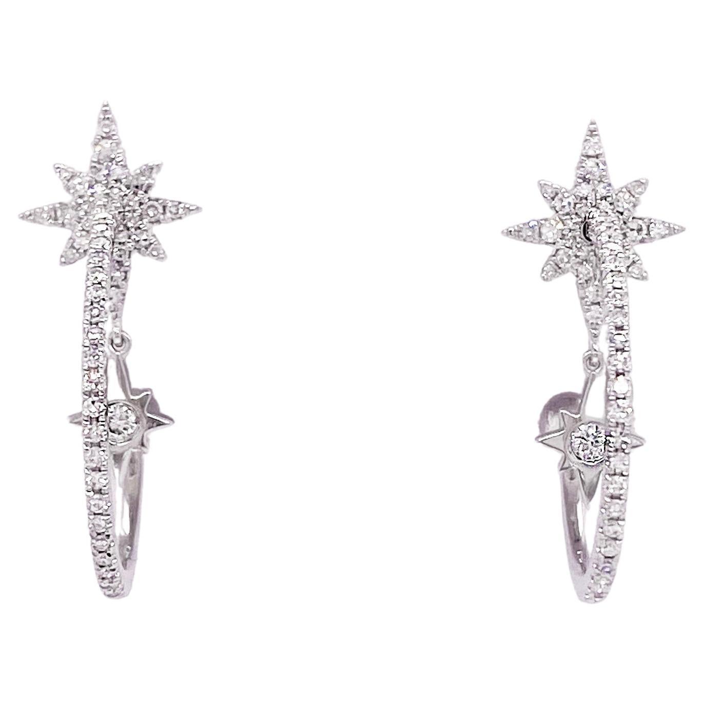 Diamond Star Hoop Earrings, White Gold, J-Hoops and Starburst Shapes For Sale
