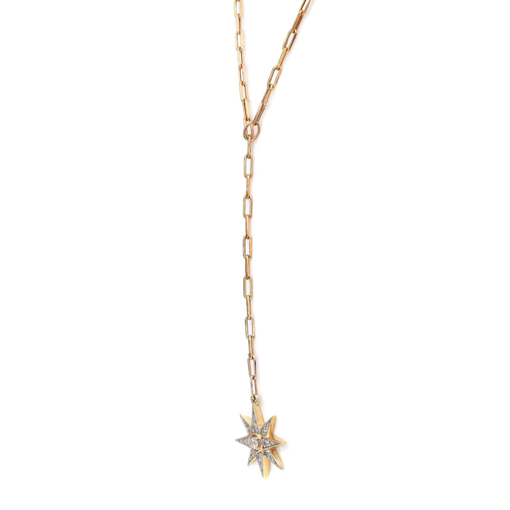 Modern Diamond Star Lariat Necklace Round Cut 14K Yellow Gold 0.16Cttw For Sale