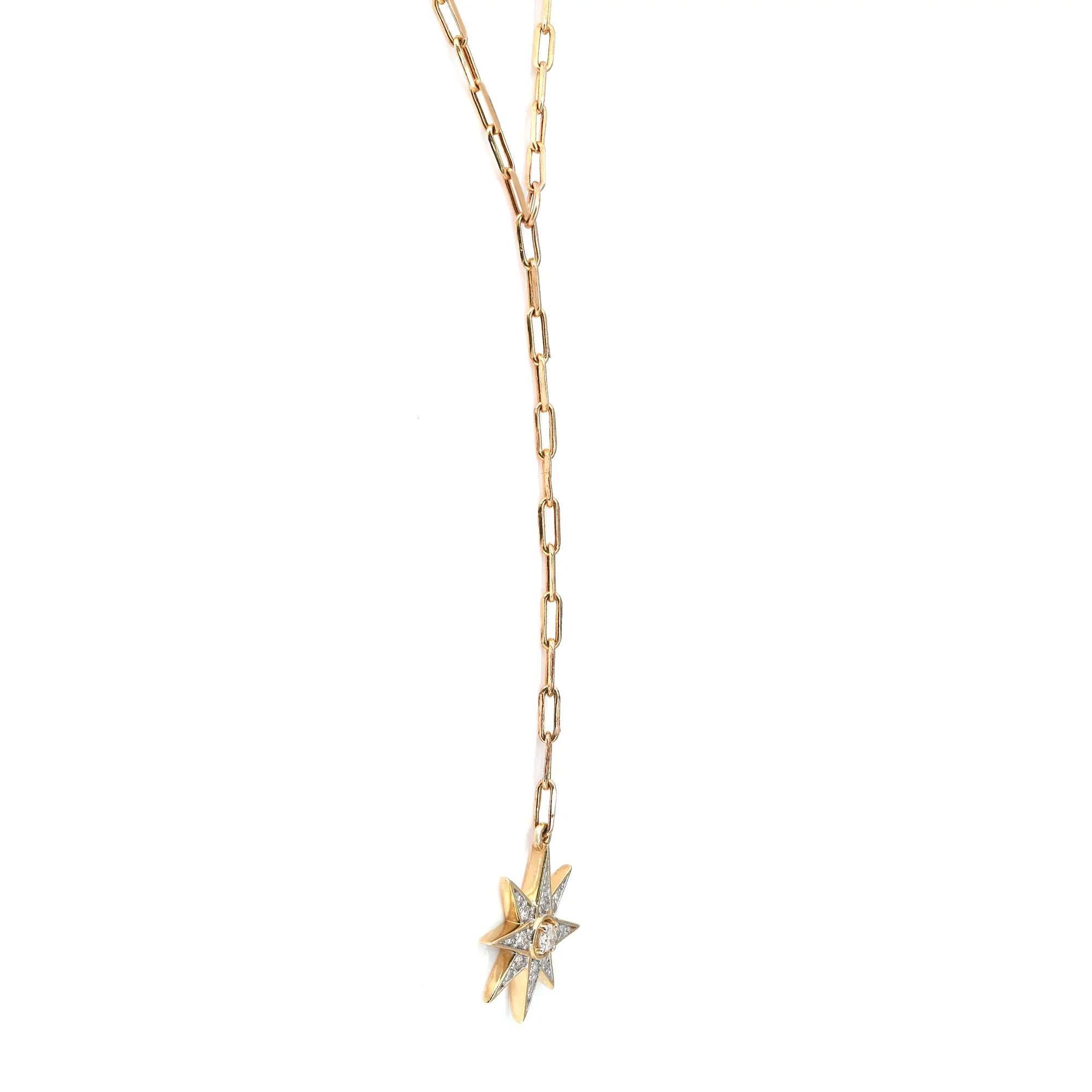 Diamond Star Lariat Necklace Round Cut 14K Yellow Gold 0.16Cttw In New Condition For Sale In New York, NY