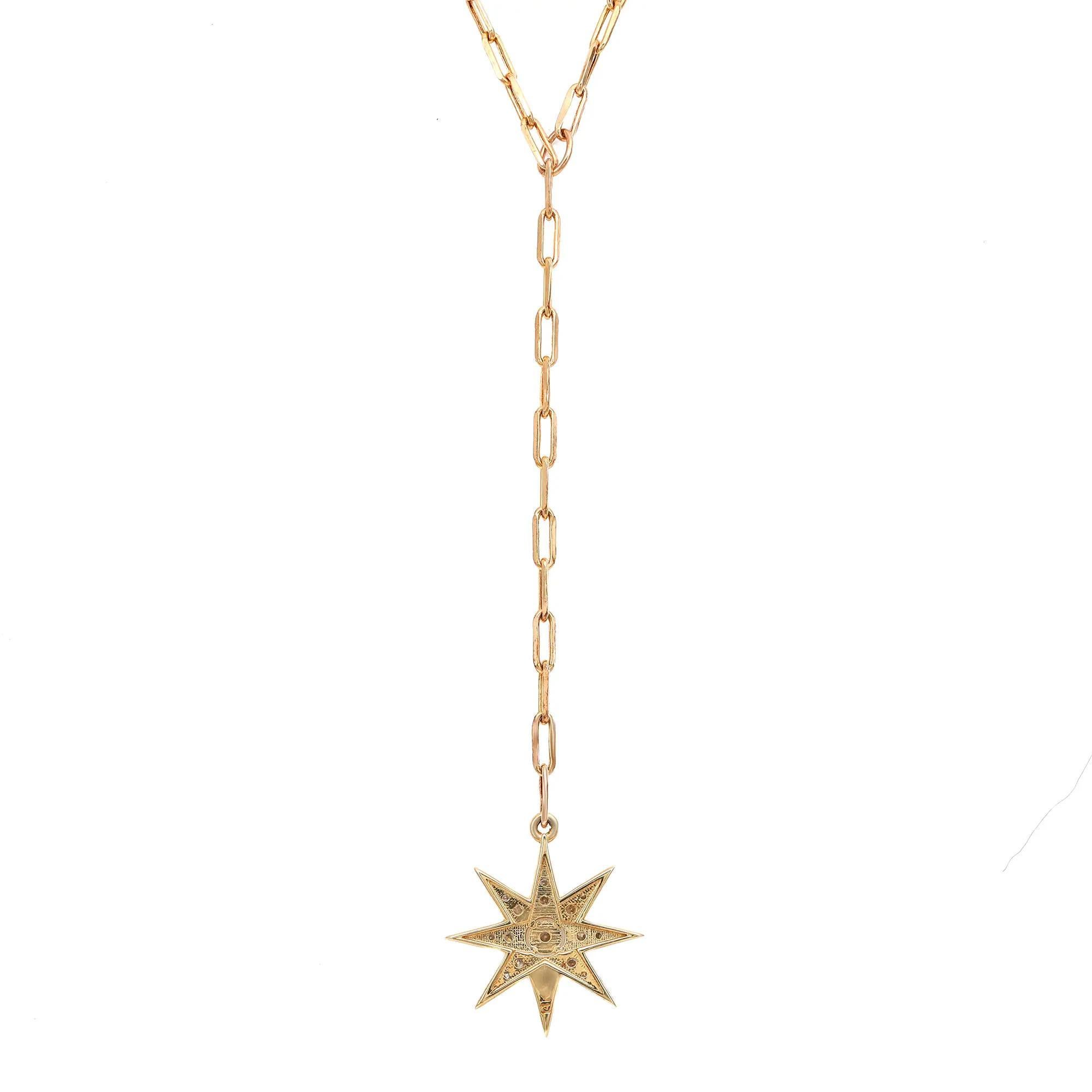 Women's Diamond Star Lariat Necklace Round Cut 14K Yellow Gold 0.16Cttw For Sale