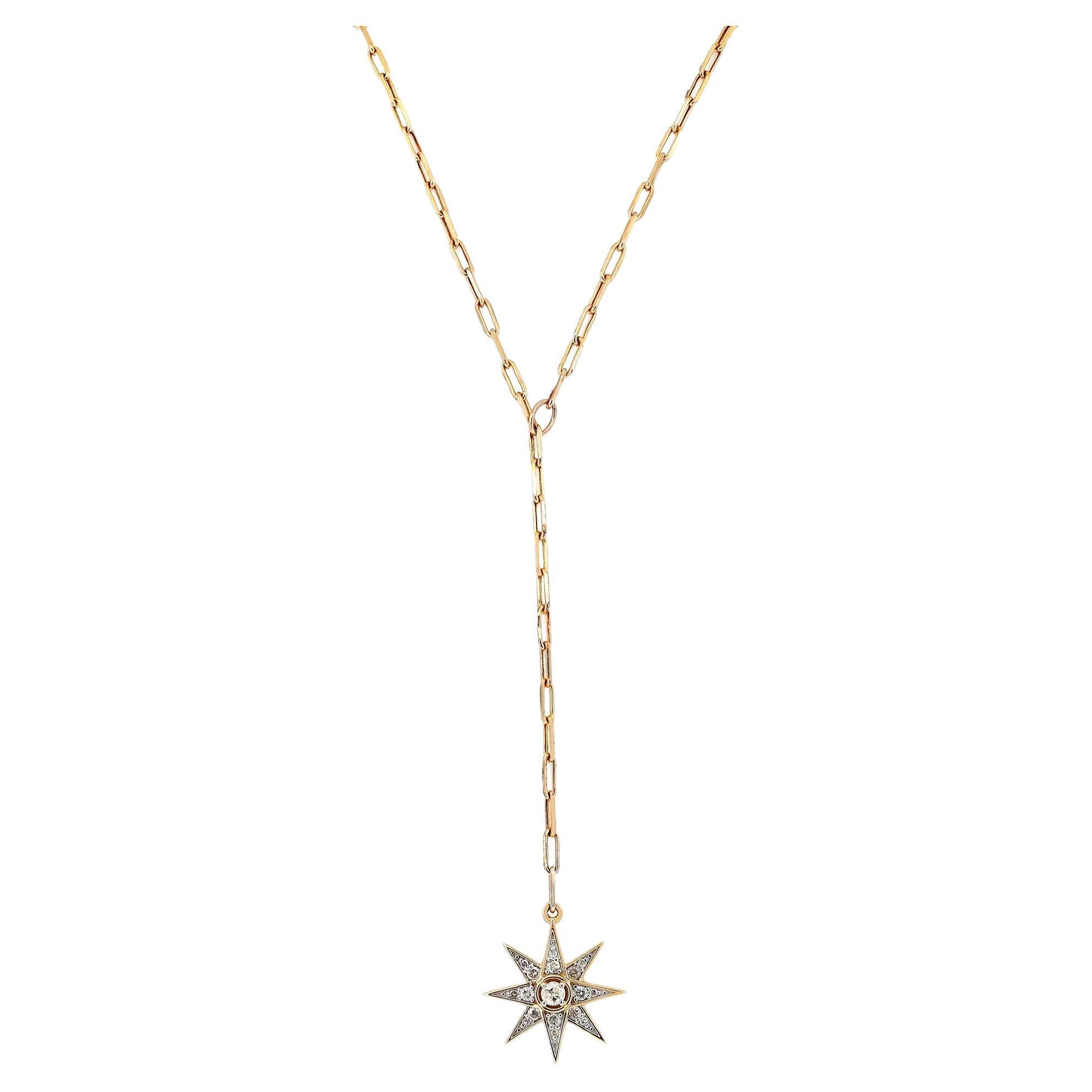 Diamond Star Lariat Necklace Round Cut 14K Yellow Gold 0.16Cttw For Sale