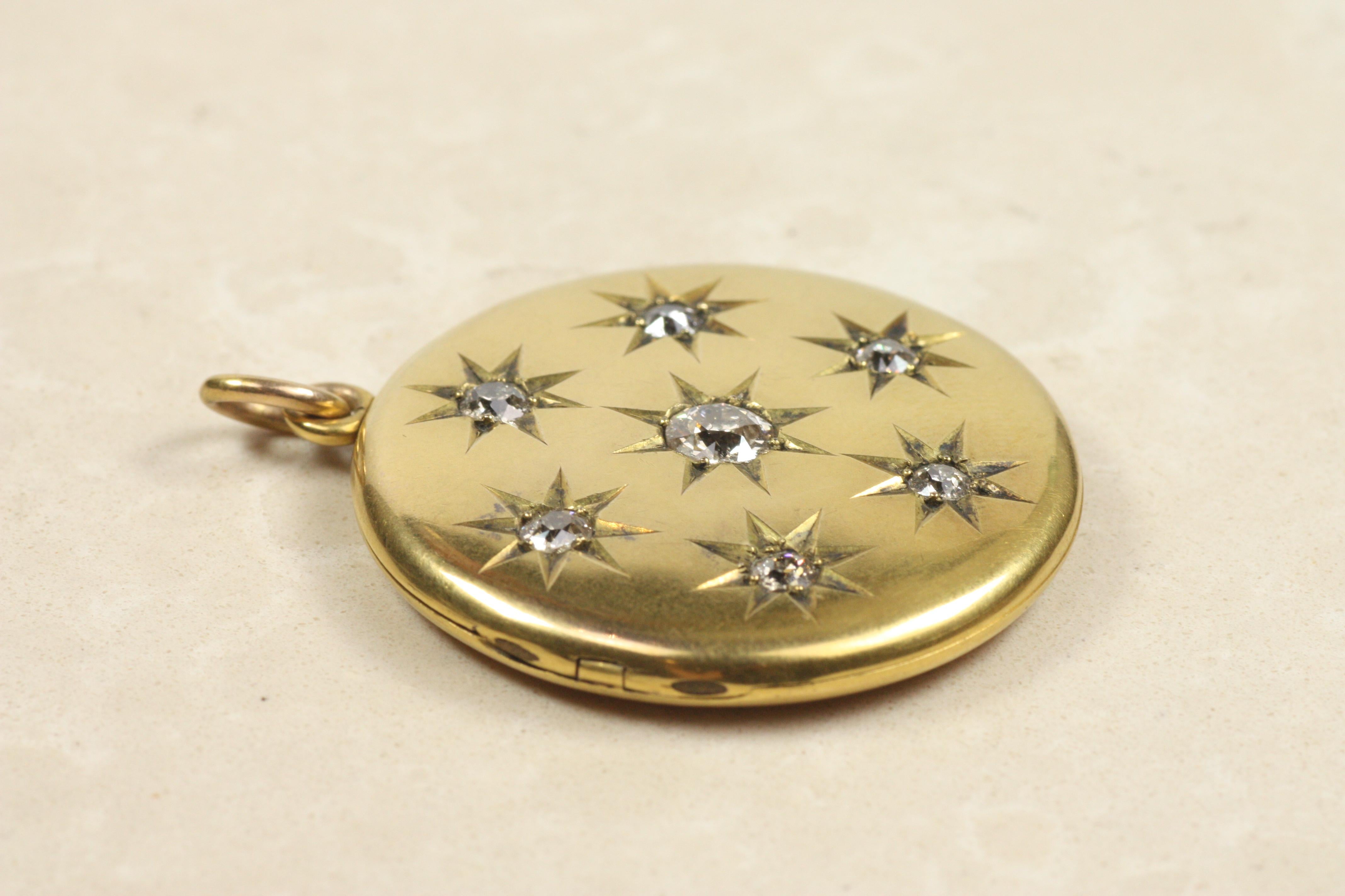 Collar Colgante Relicario Estrella de Diamantes - 1.45cttw Diamantes talla vieja mina Oro 14K en venta 6